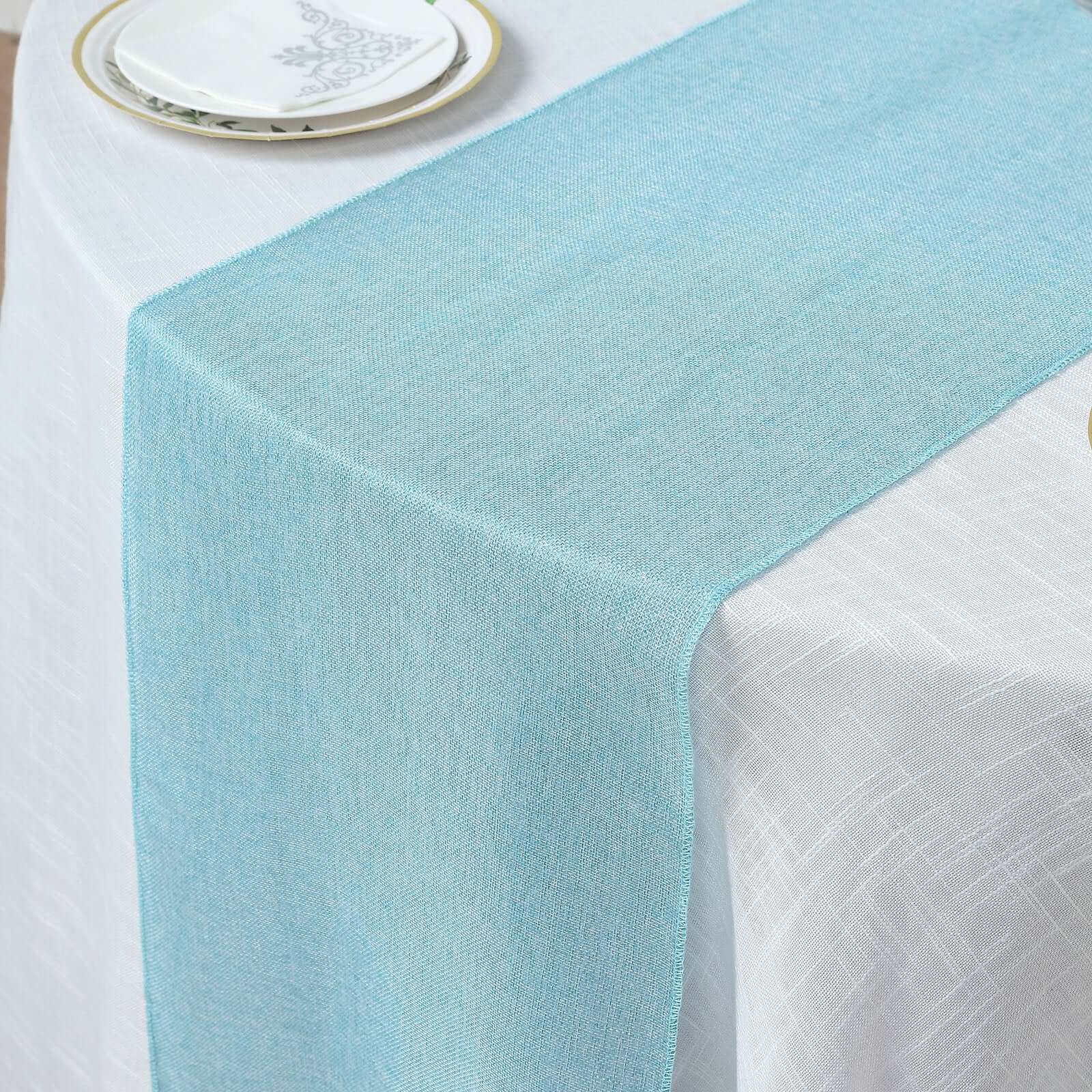 14"x108" Turquoise Boho Chic Rustic Faux Burlap Cloth Table Runner