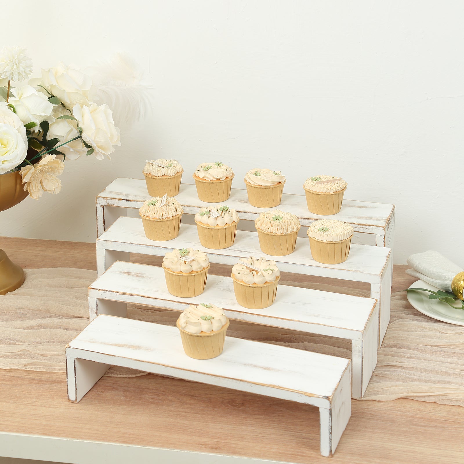 Set of 4 Wooden Display Risers Whitewash Rectangular Bench Style - Stackable Rustic Farmhouse Nesting Stands 14", 16", 17", 19"