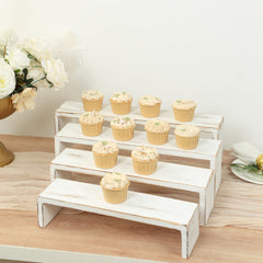 Set of 4 Wooden Display Risers Whitewash Rectangular Bench Style - Stackable Rustic Farmhouse Nesting Stands 14", 16", 17", 19"
