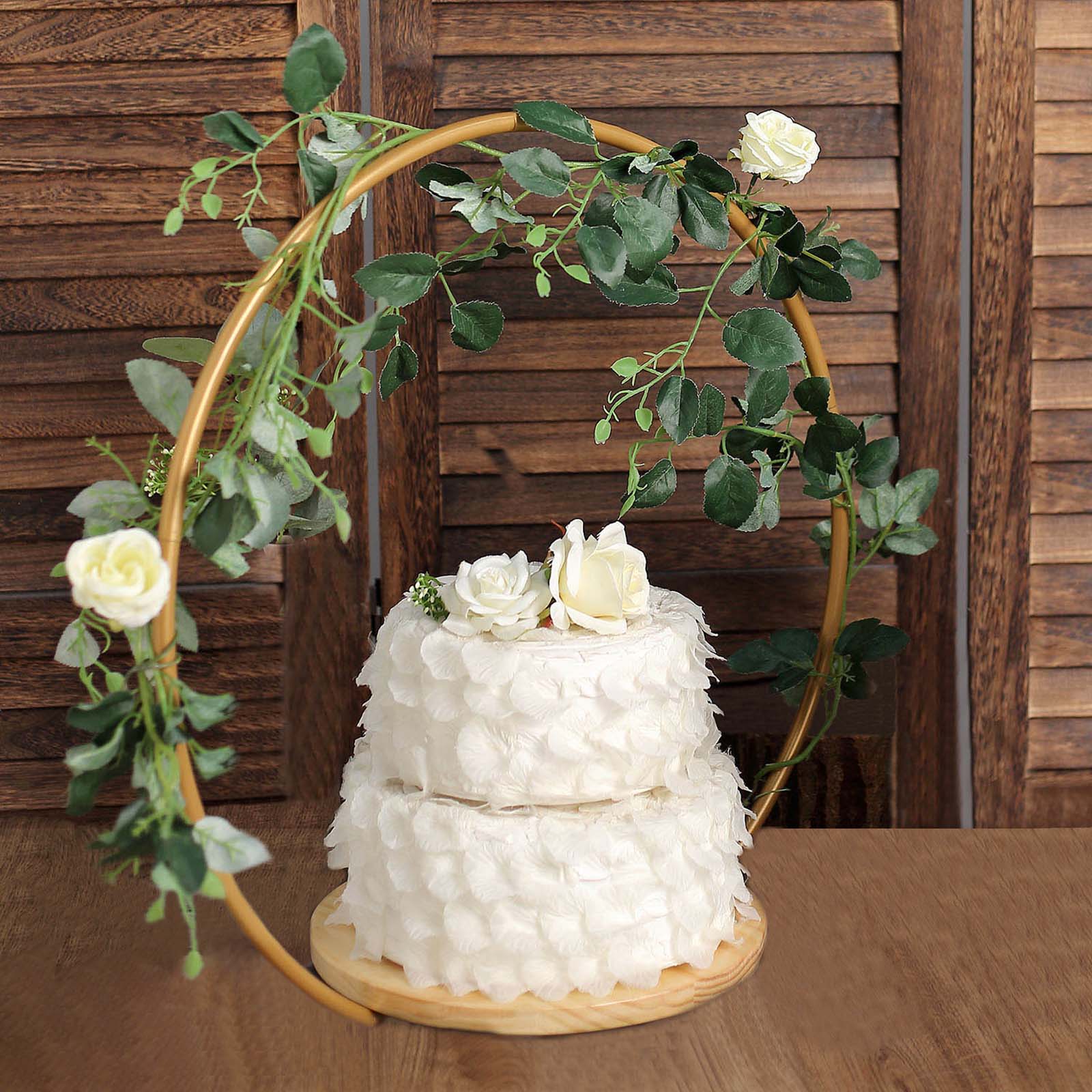 Metal Round Floral Hoop Cake Stand Gold - Chic Geometric Dessert Display DIY Centerpiece Table Decoration With Wooden Base 20"