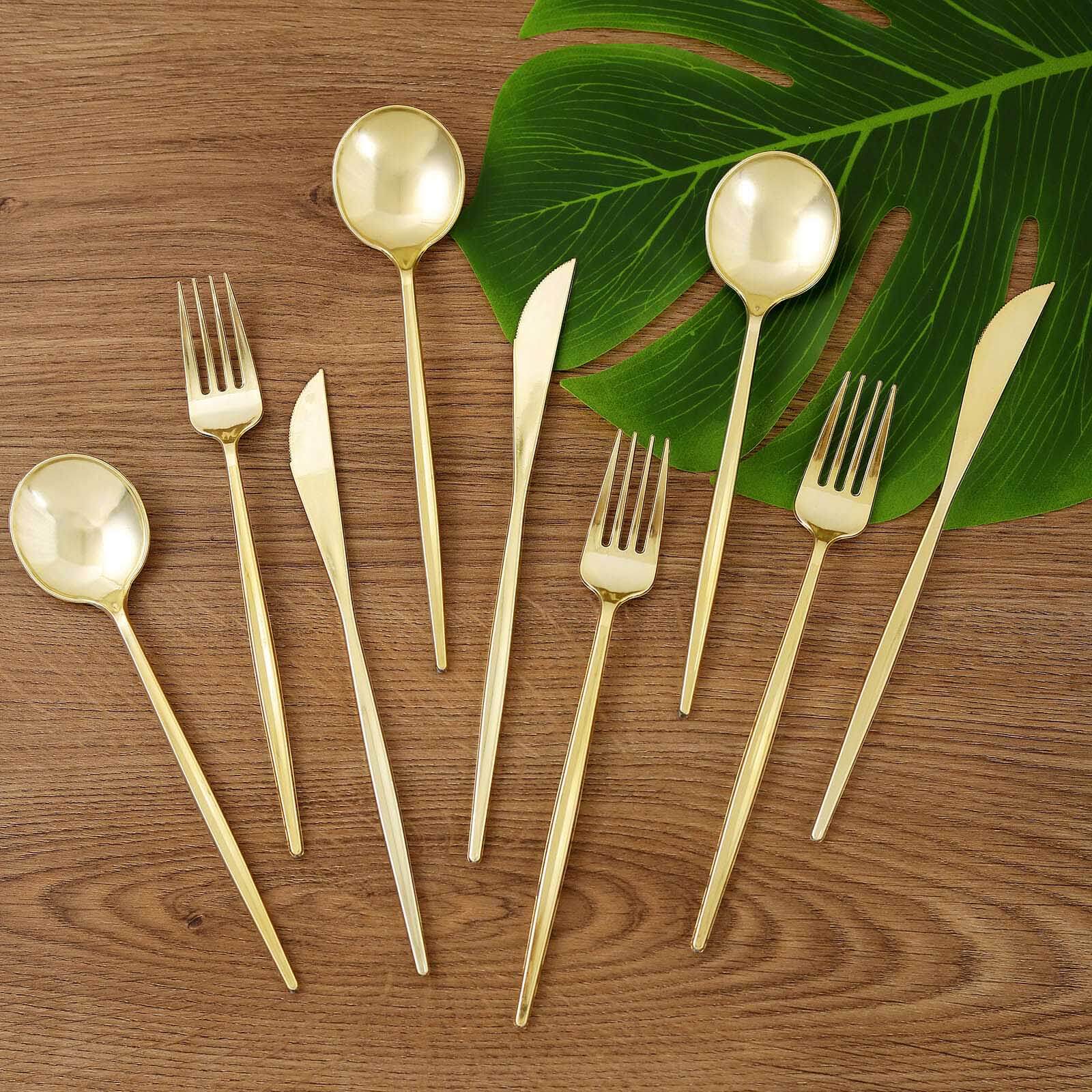 24-Pack Plastic Flatware Set with Sleek Modern Design Gold - Premium Disposable Silverware 8"