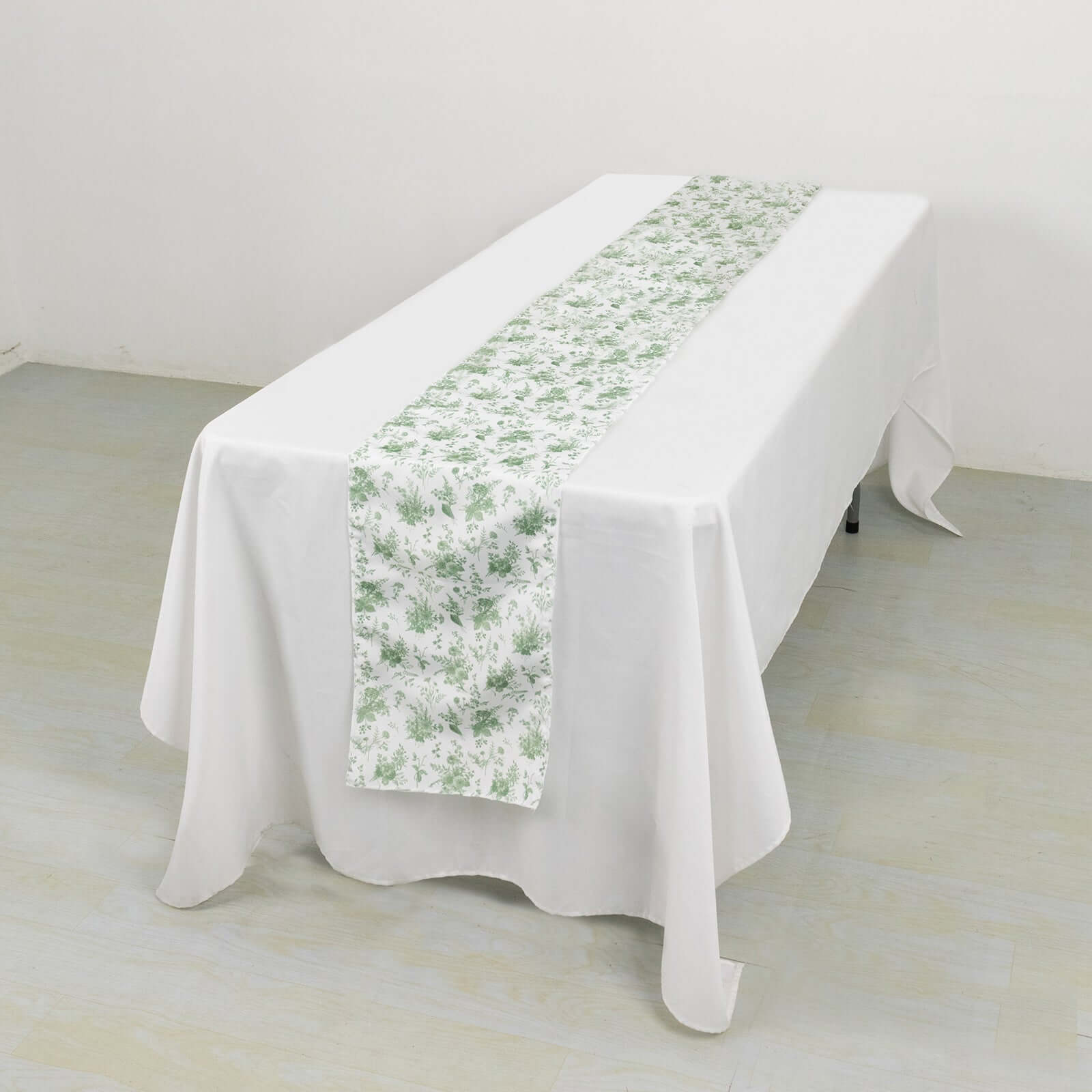 Polyester 12"x108" Table Runner Dusty Sage Green French Toile Floral Print - Upscale Dining Table Decor