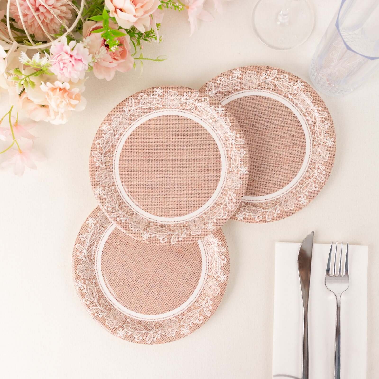 25-Pack Paper 7" Round Dessert Plates in Natural Burlap Print with Floral Lace Rim - Disposable Rustic Appetizer Salad Plates for Farmhouse Weddings & Celebrations