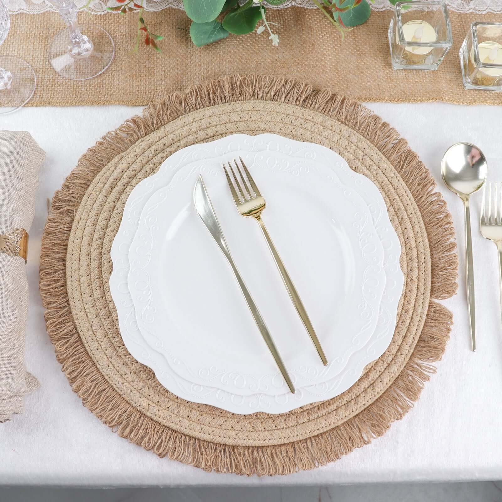 4-Pack Placemats Fringed Edge Design Natural Rustic Burlap Jute Round - Farmhouse Style Table Mats with Trim 15"