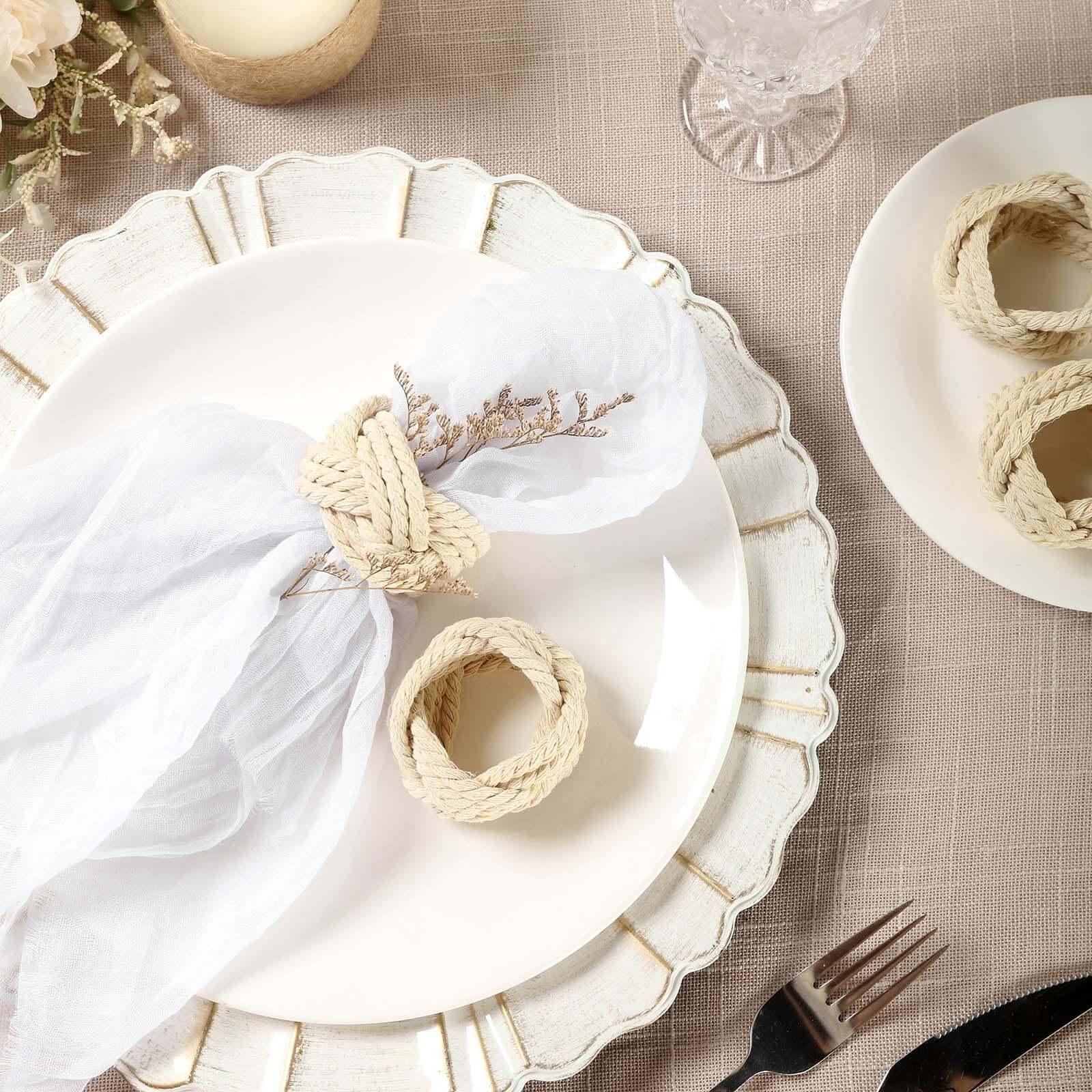 4 Pack Rustic Cream Burlap Napkin Rings, Handmade Braided Jute Napkin Holders