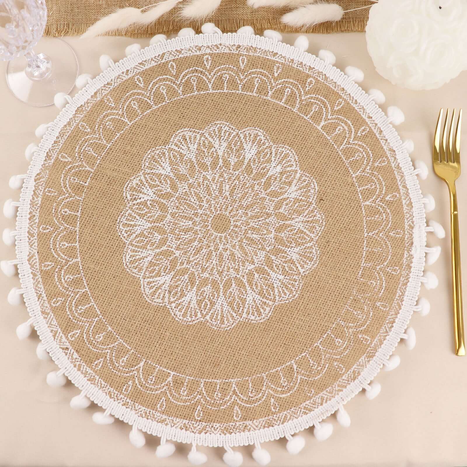 4-Pack Placemats Embroidery Mandala Print Design Natural Jute and White Round - Rustic Burlap Tassel Style with Beaded Trim 15"