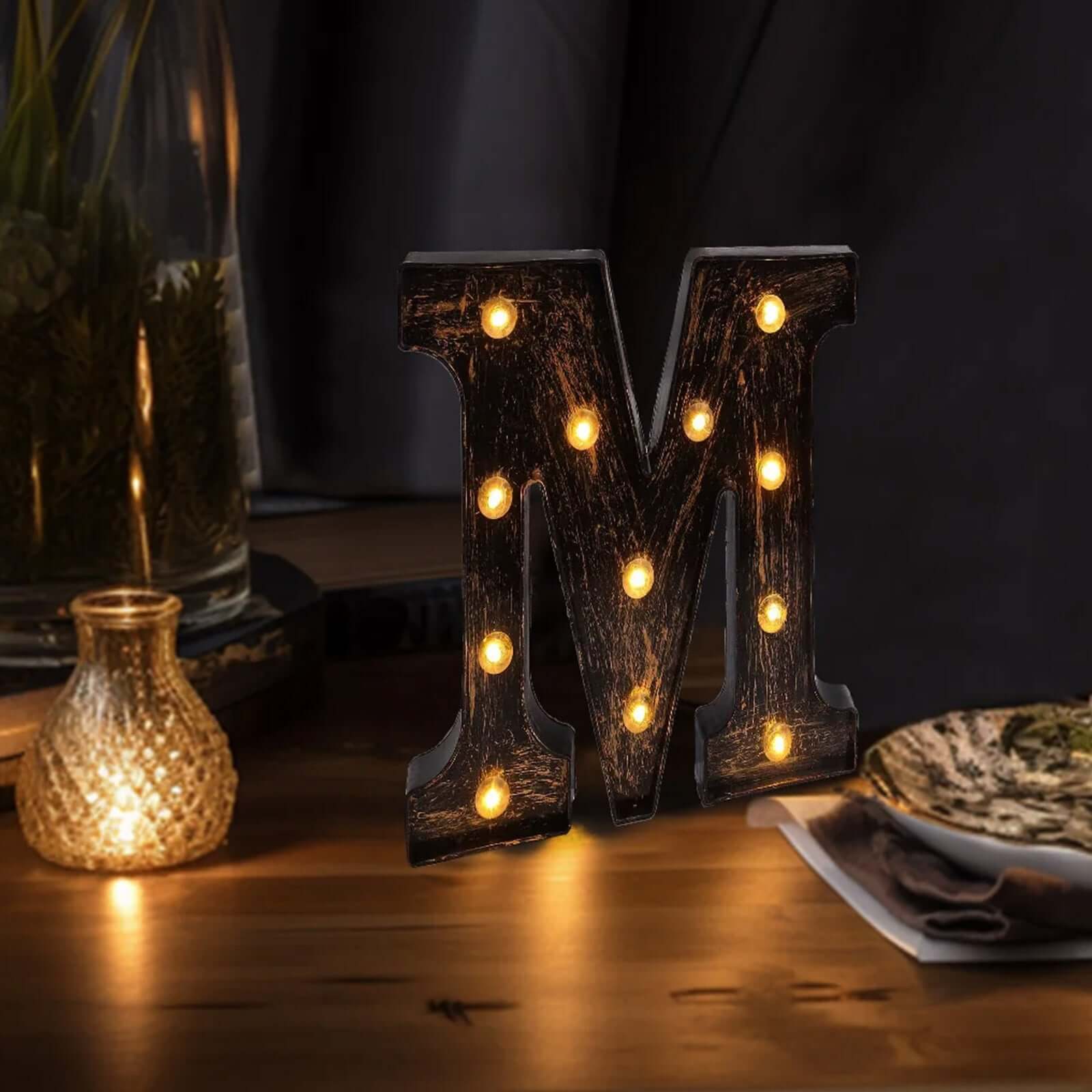 LED Marquee Letter "M" Industrial Style Antique Black - Light-Up Alphabet Sign for Weddings & Displays 9"