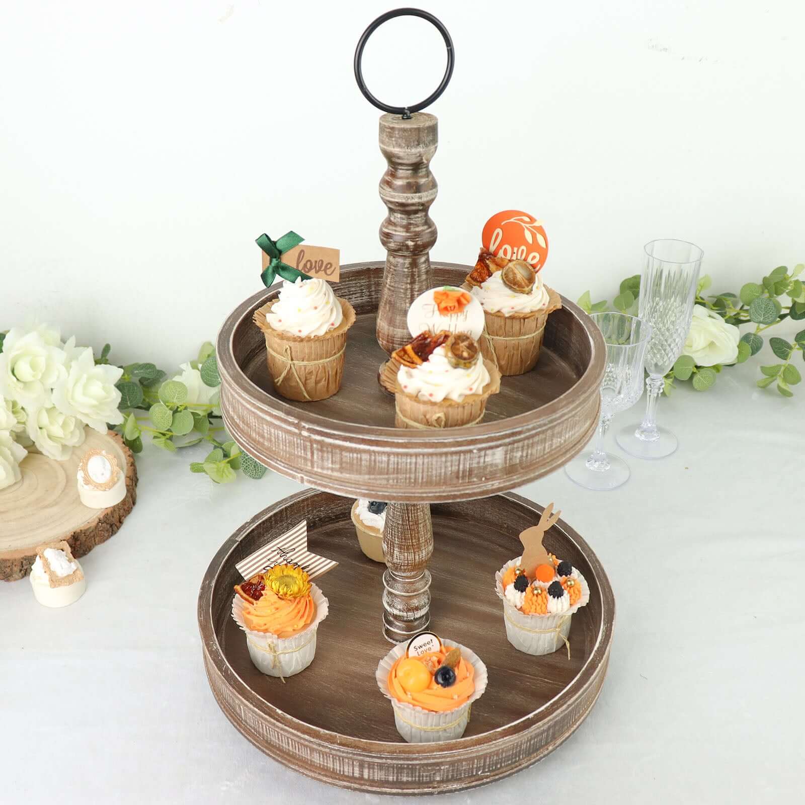 2-Tier Wooden Serving Tray Stand Rustic Brown Design - Farmhouse Style Cupcake Display 20"