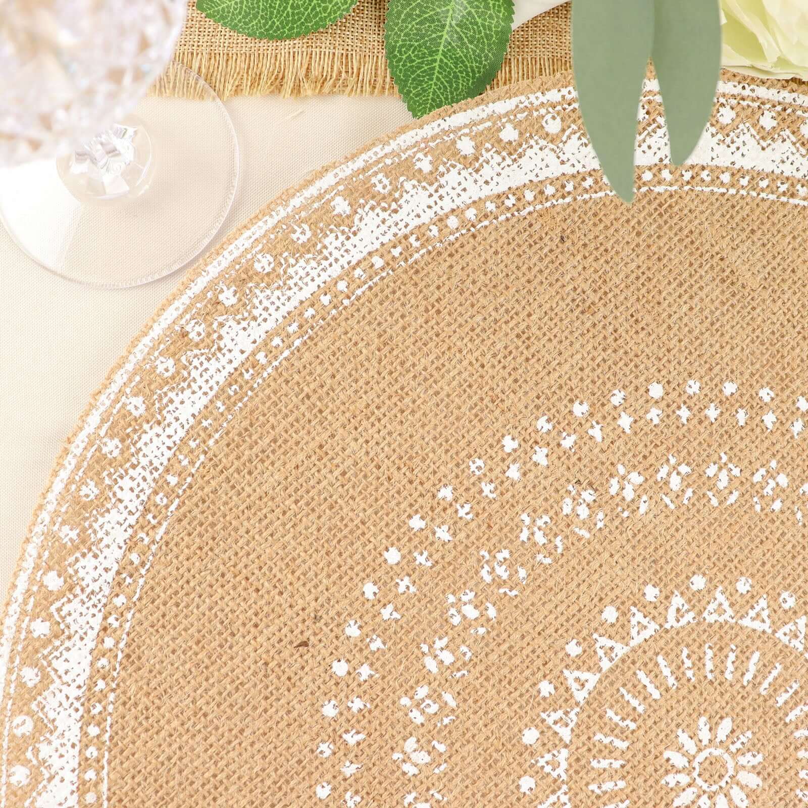4-Pack Placemats Braided Design Natural Jute and White Round - Rustic Burlap Woven Table Mats 15"