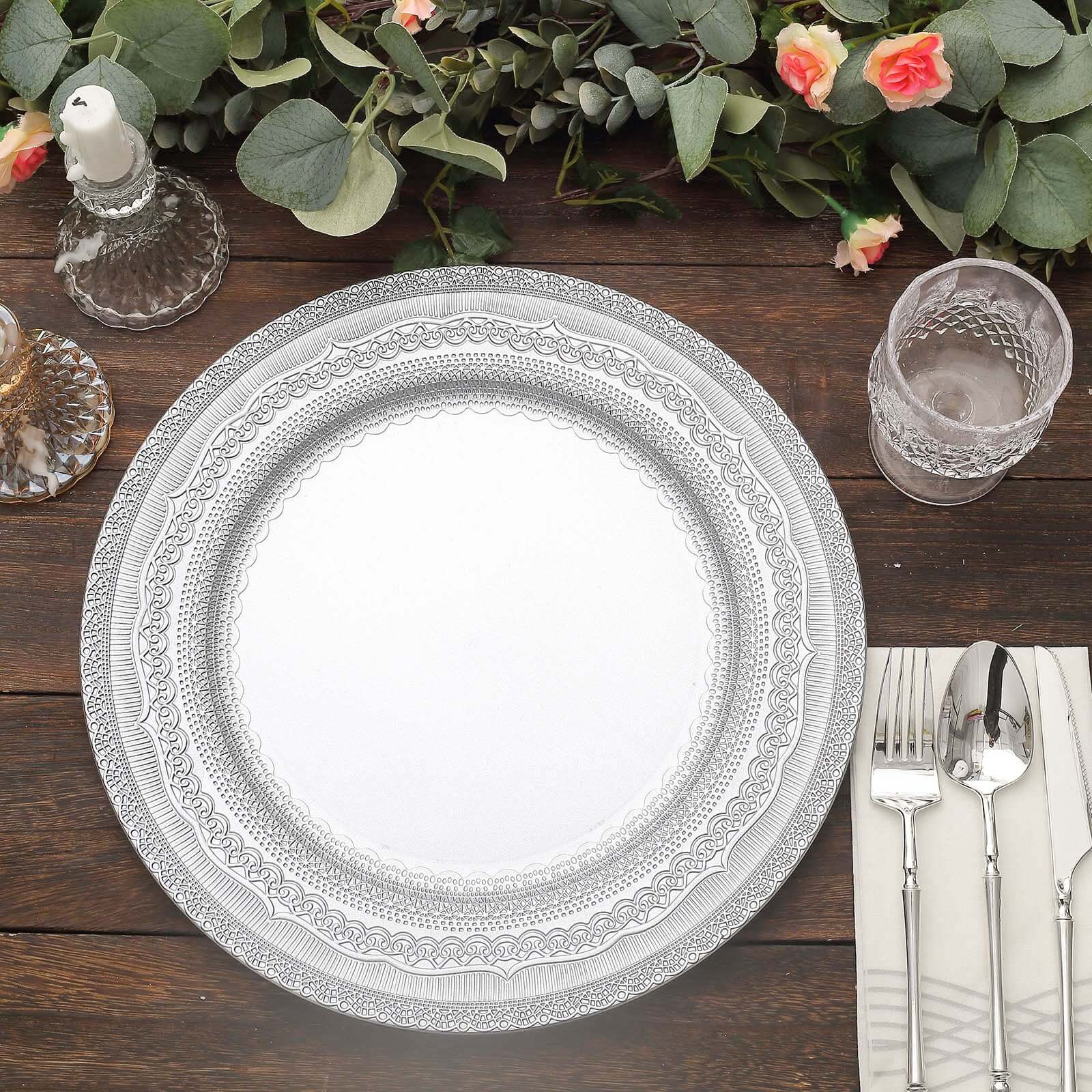 6-Pack Acrylic Round Charger Plates 13" in Silver with Lace Embossed Rim, Rustic Plastic Decorative Charger Tableware
