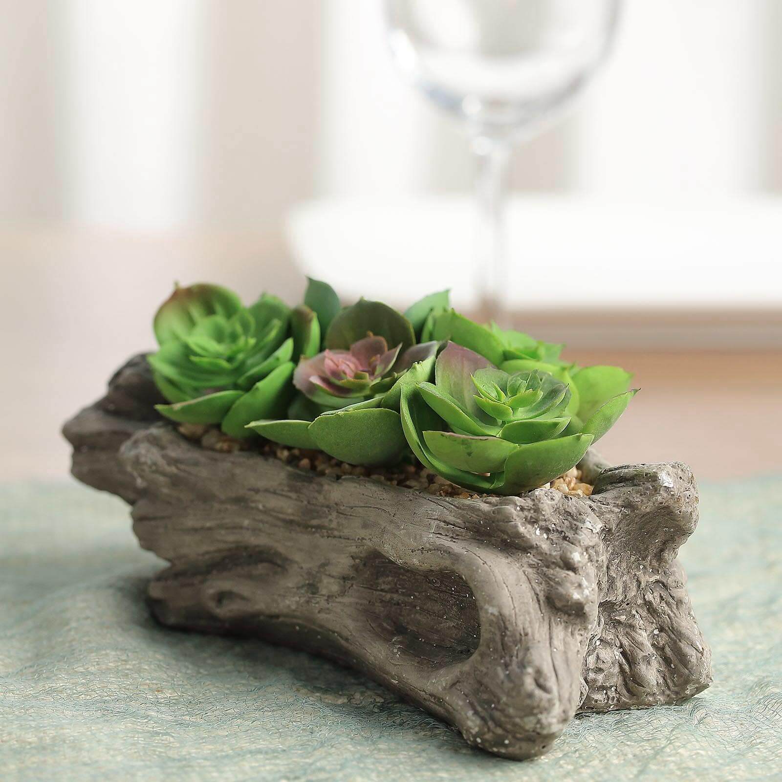Perle Von Nurnberg Artificial Succulents Arrangements in 7" Log Planter - Lifelike Faux Plant for Stylish Home Bathroom Tabletop Indoor Outdoor Greenery Decor