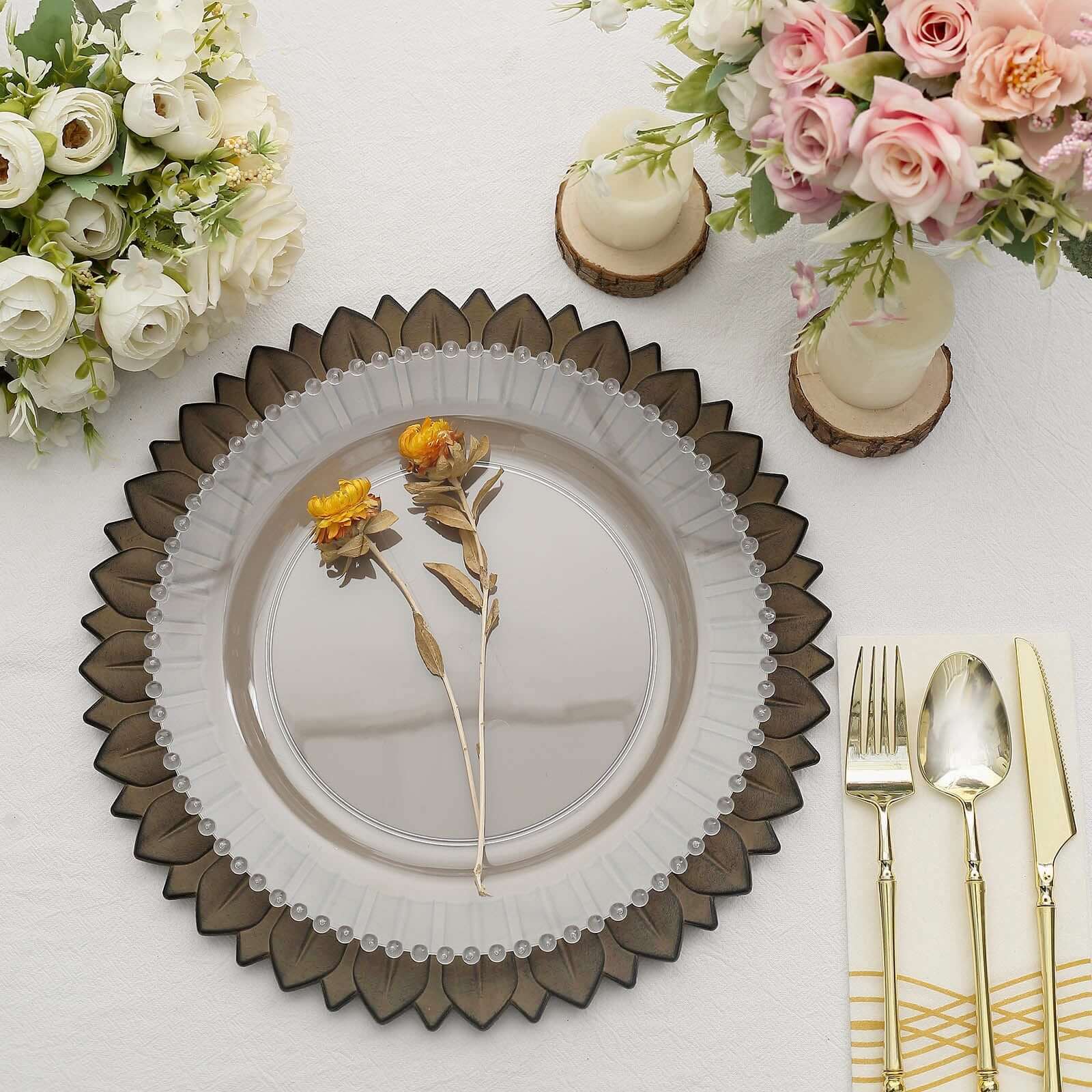 6-Pack Plastic Round Charger Plates 13" in Natural with Sunflower Rim, Matte Finish Disposable Dinner Charger Tableware