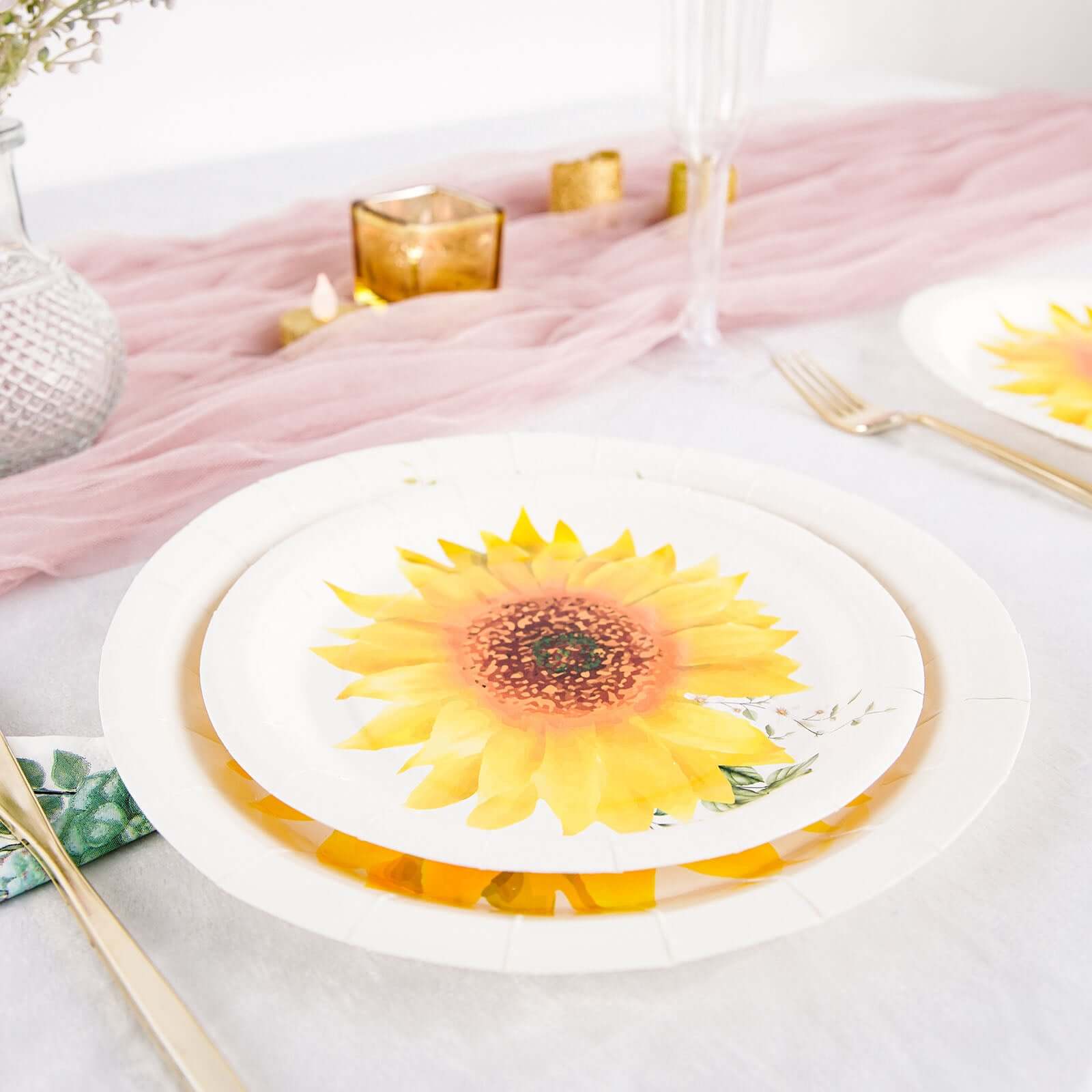 25-Pack Paper 9" Round Dinner Plates in White with Sunflower Design - Disposable Party Plates for Rustic Events & Garden Themes