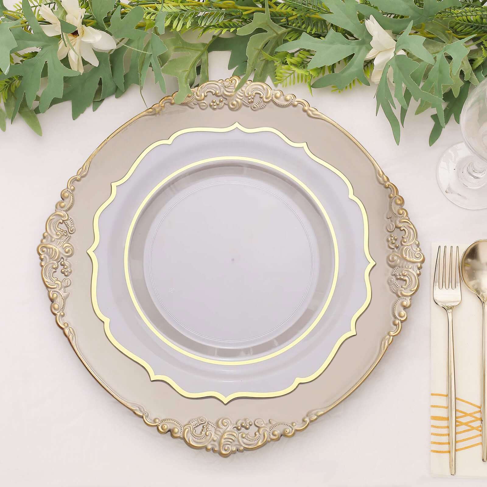 6-Pack Acrylic Round Charger Plates 13" in Nude Taupe with Gold Embossed Baroque Rim, Antique Decorative Dinner Party Charger Tableware