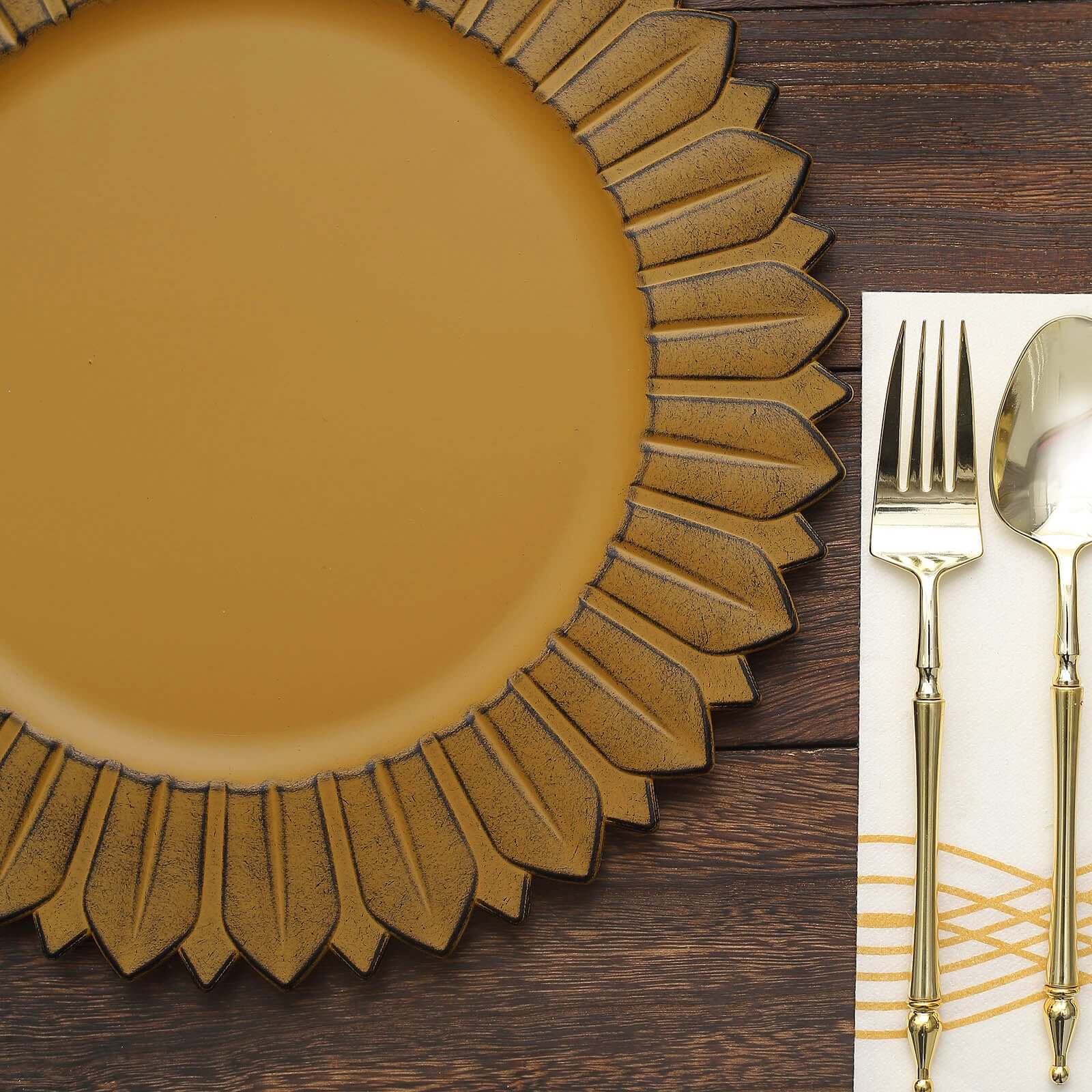 6-Pack Plastic Round Charger Plates 13" in Mustard Yellow with Sunflower Rim, Matte Finish Disposable Dinner Charger Tableware