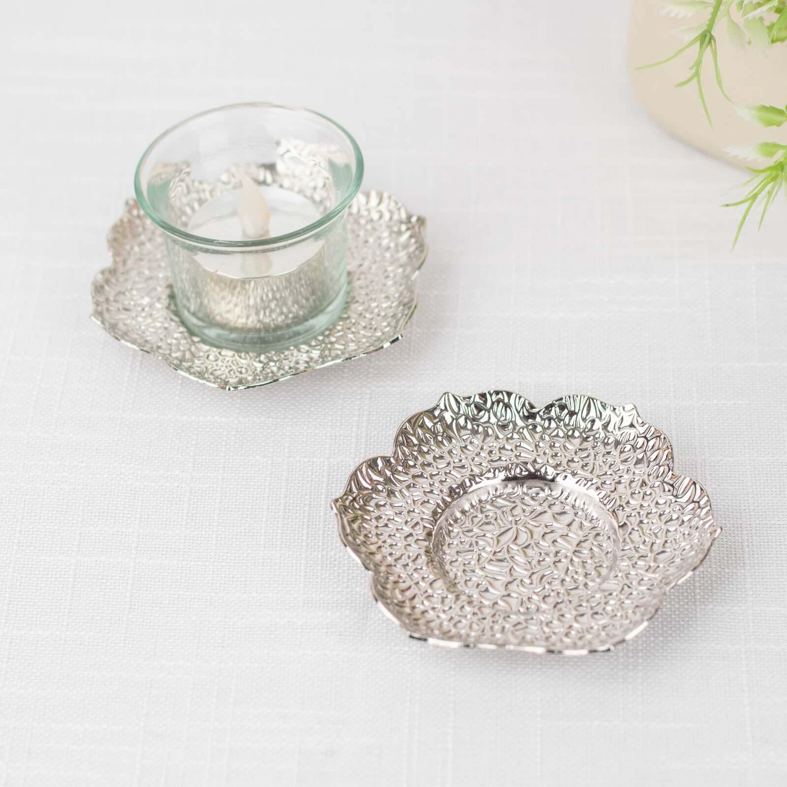 3-Pack Metal Votive Candle Holders Plum Blossom Design Shiny Silver - Vintage Mini Tea Cup Saucers 4"
