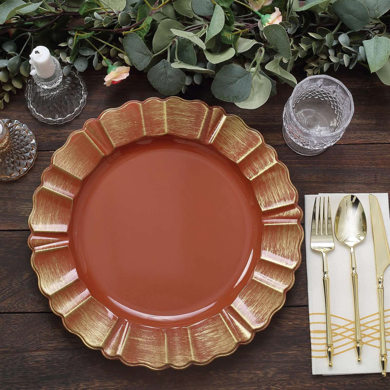 6-Pack Acrylic Plastic Round Charger Plates 13" in Terracotta (Rust) with Gold Brushed Wavy Scalloped Rim, Decorative Dinner Party Charger Tableware
