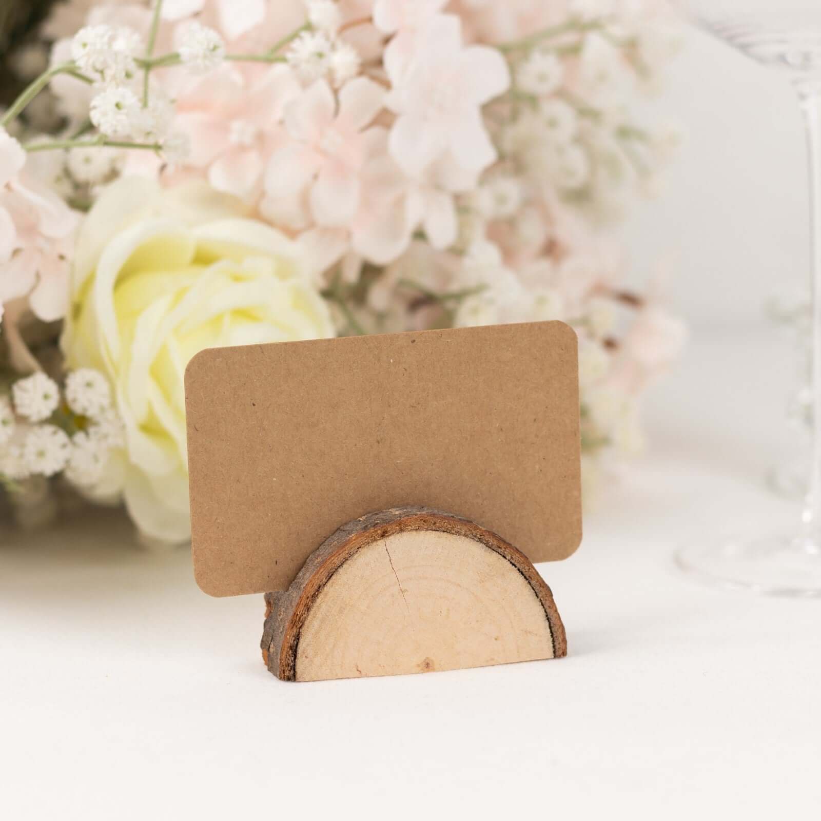Set of 10 Wood Place Card Holders Rustic Semicircle Design Natural with Brown Paper - Wedding Table Number Display 2.5"
