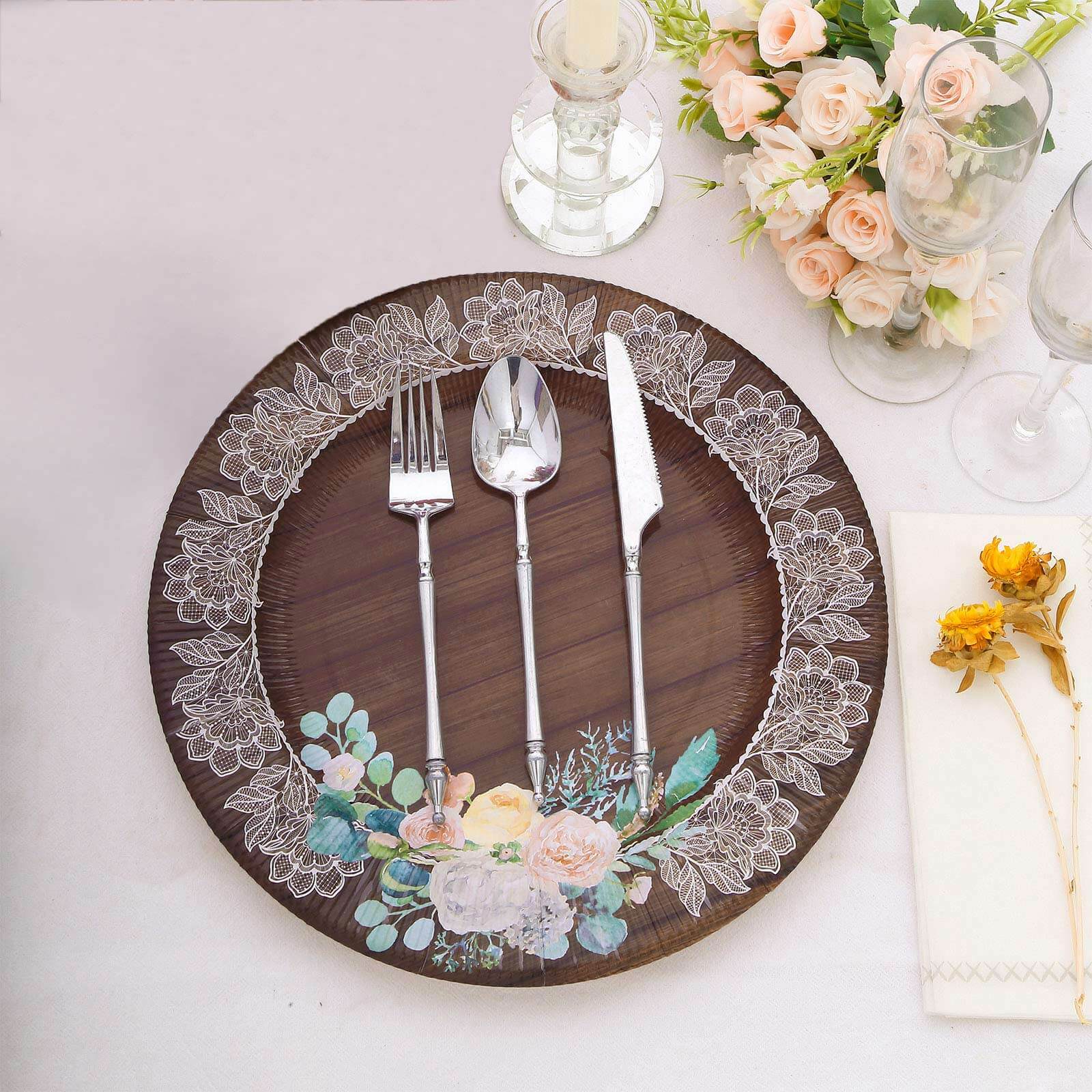 25-Pack Paper 8" Round Dessert Plates in Brown Wood Print with Floral Lace Rim - Disposable Salad Appetizer Plates for Farmhouse Events & Rustic Themes