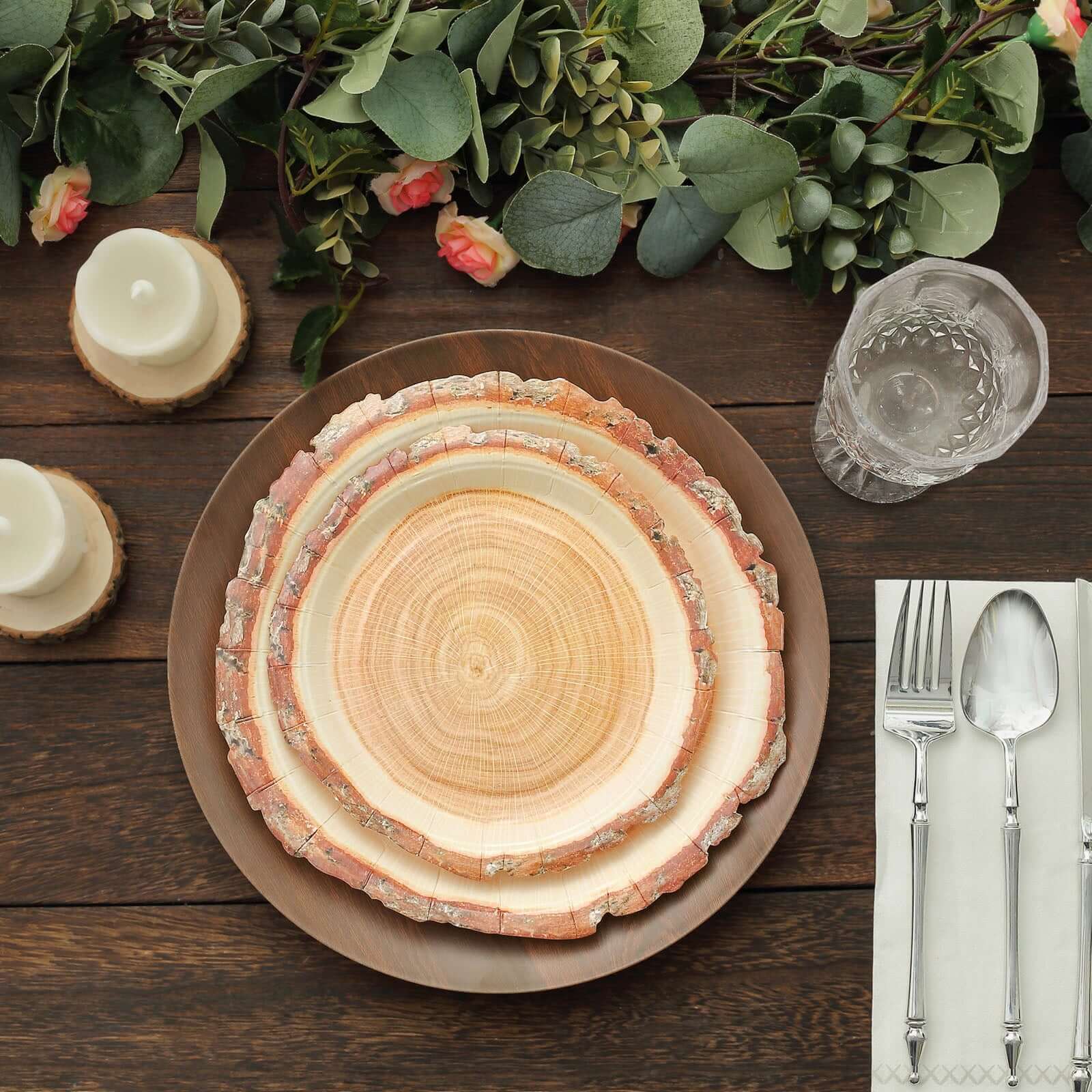 25-Pack Paper 7" Round Dessert Plates in Natural Wood Slice Print - Disposable Appetizer Salad Plates for Rustic Farmhouse Style Events