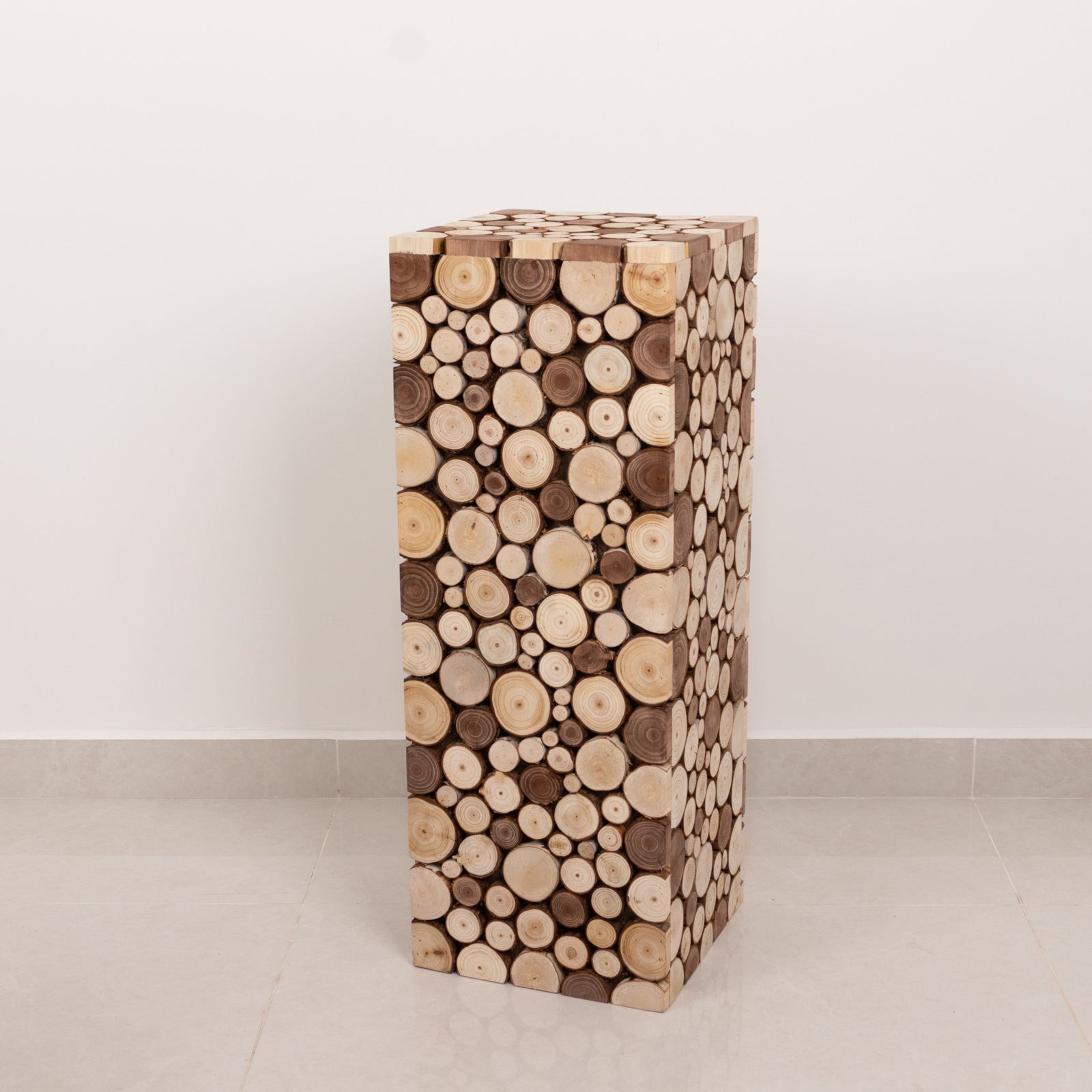 30" Natural Wooden Slices Pillar Prop Pedestal Stand, Rustic Farmhouse Wood Riser Rectangular Plant Stand