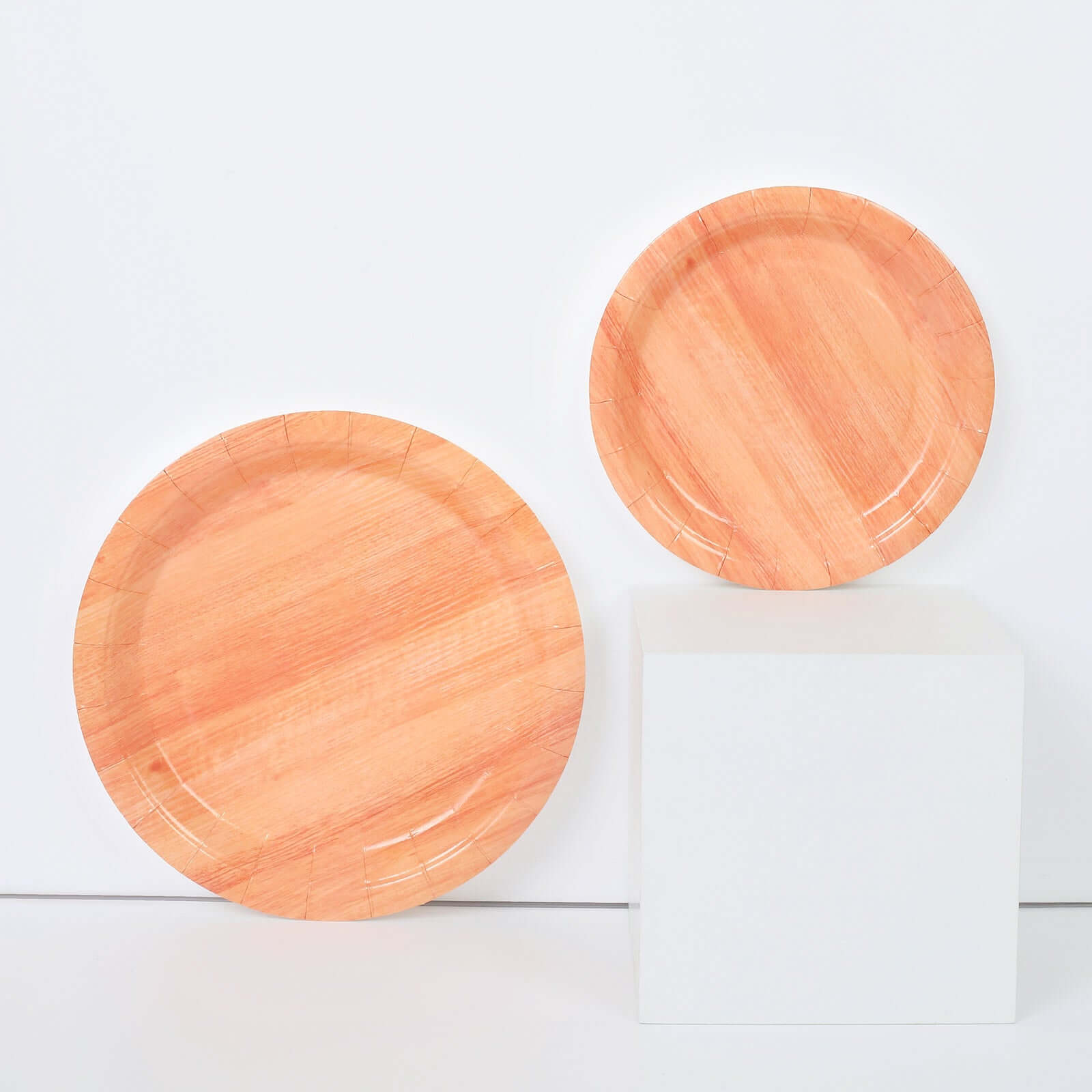 25-Pack Paper 7" Round Dessert Plates in Natural Wood Grain Print - Disposable Appetizer Salad Plates for Rustic Farmhouse Style Events