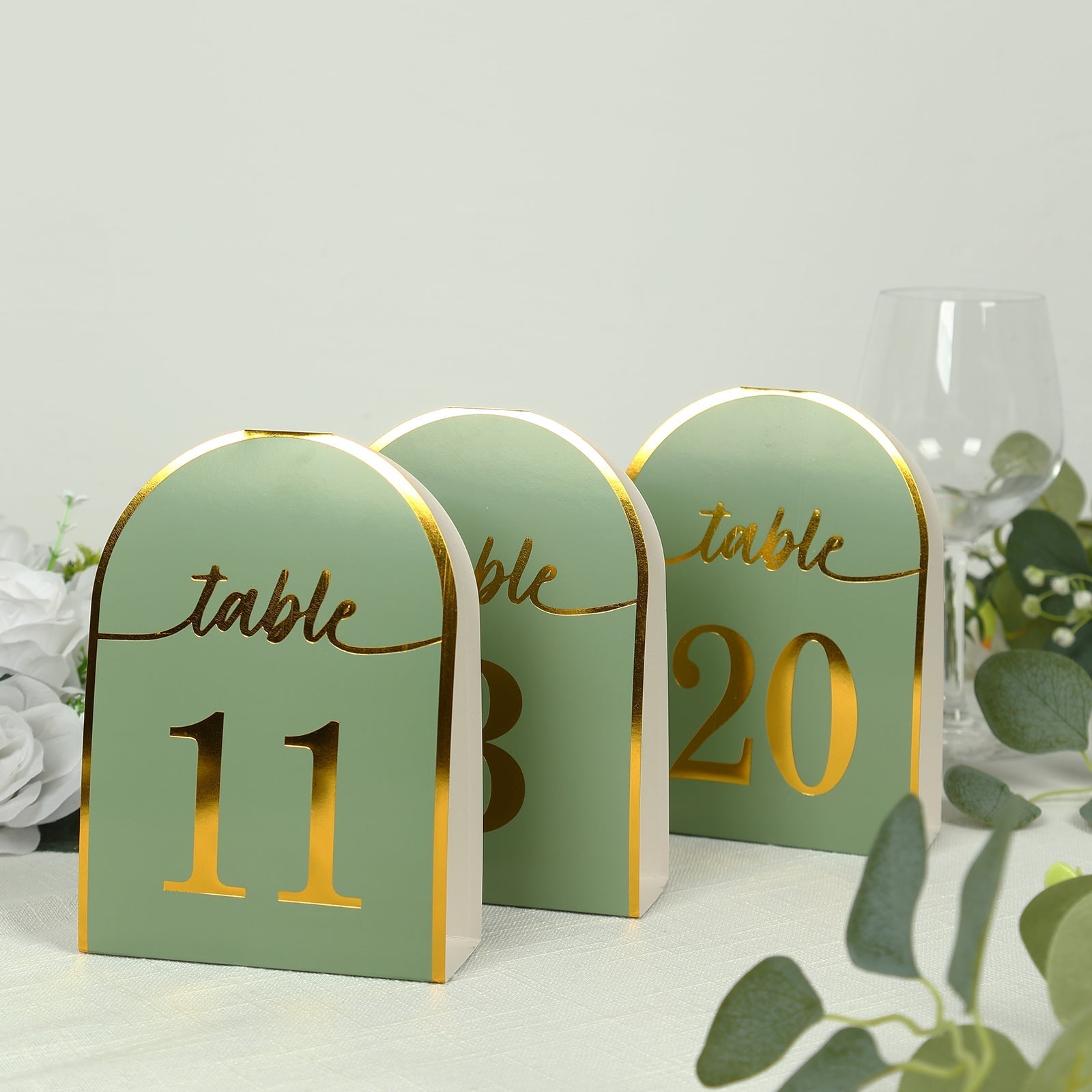 25-Pack Paper Wedding Table Numbers 1-25 Sage Green Arch Cutout Design - Sleek & Modern Free Standing Double Sided Table Tent Cards with Metallic Gold Foil Numbers 7"