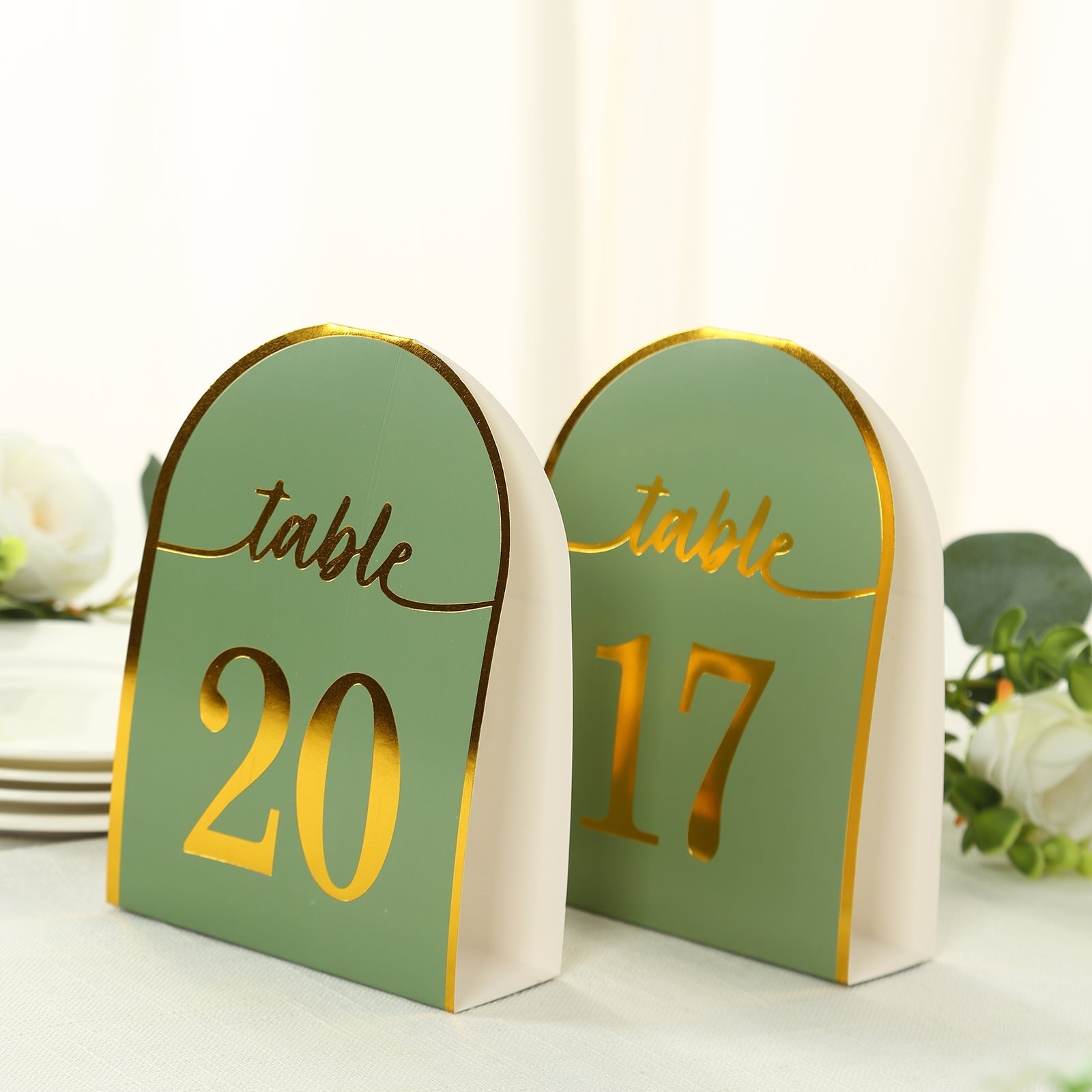 25-Pack Paper Wedding Table Numbers 1-25 Sage Green Arch Cutout Design - Sleek & Modern Free Standing Double Sided Table Tent Cards with Metallic Gold Foil Numbers 7"
