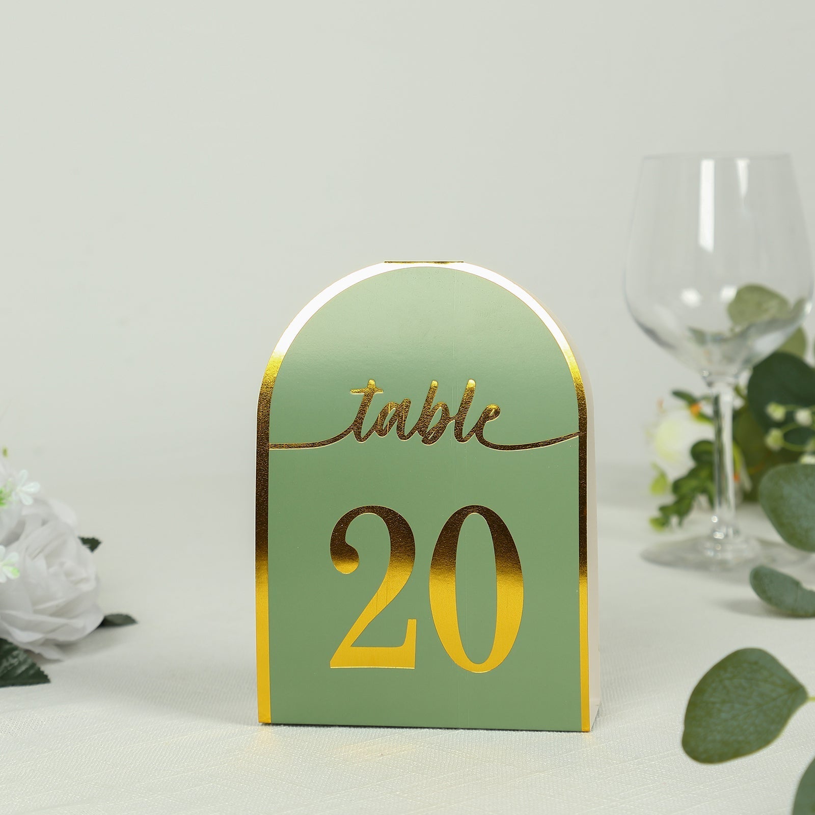 25-Pack Paper Wedding Table Numbers 1-25 Sage Green Arch Cutout Design - Sleek & Modern Free Standing Double Sided Table Tent Cards with Metallic Gold Foil Numbers 7"