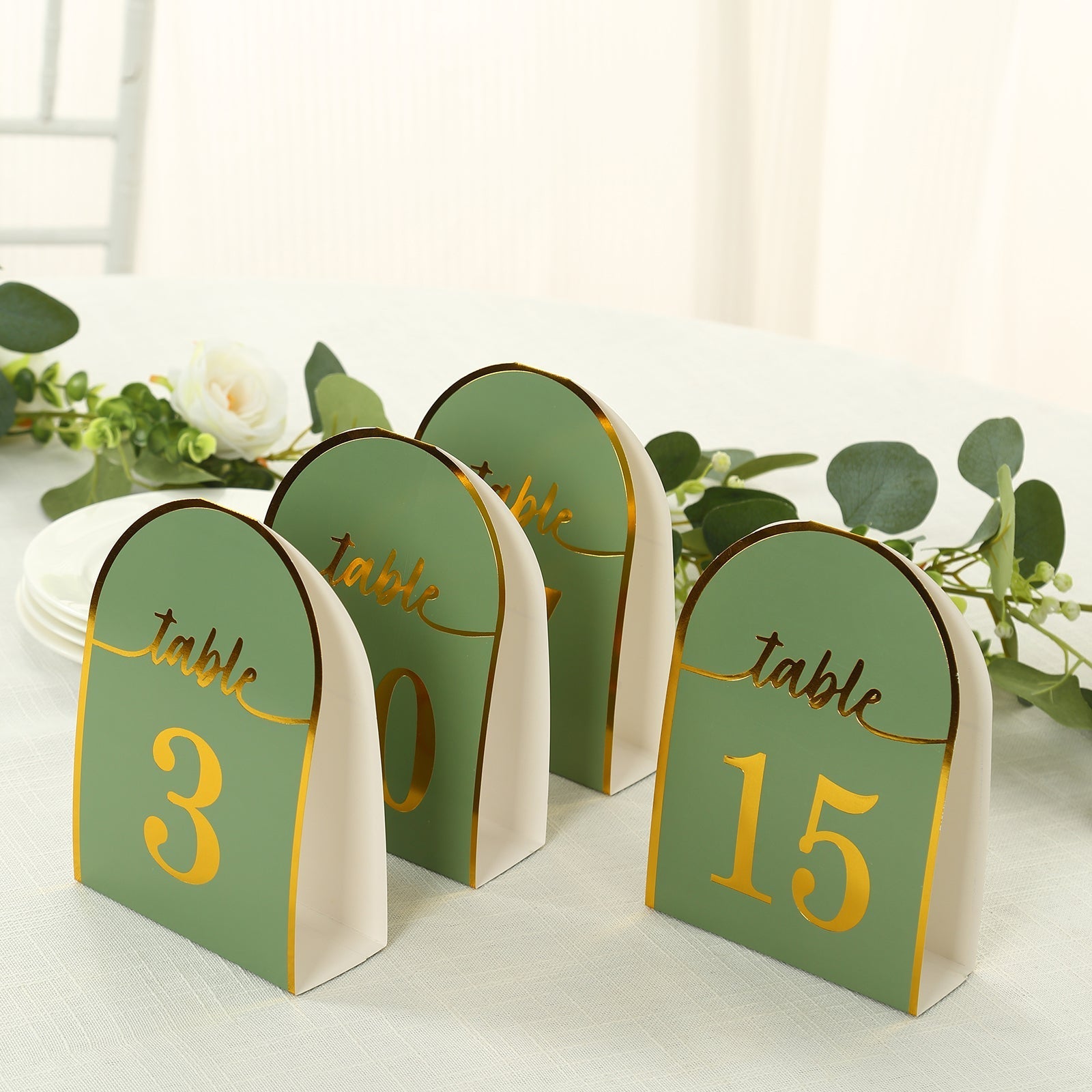 25-Pack Paper Wedding Table Numbers 1-25 Sage Green Arch Cutout Design - Sleek & Modern Free Standing Double Sided Table Tent Cards with Metallic Gold Foil Numbers 7"