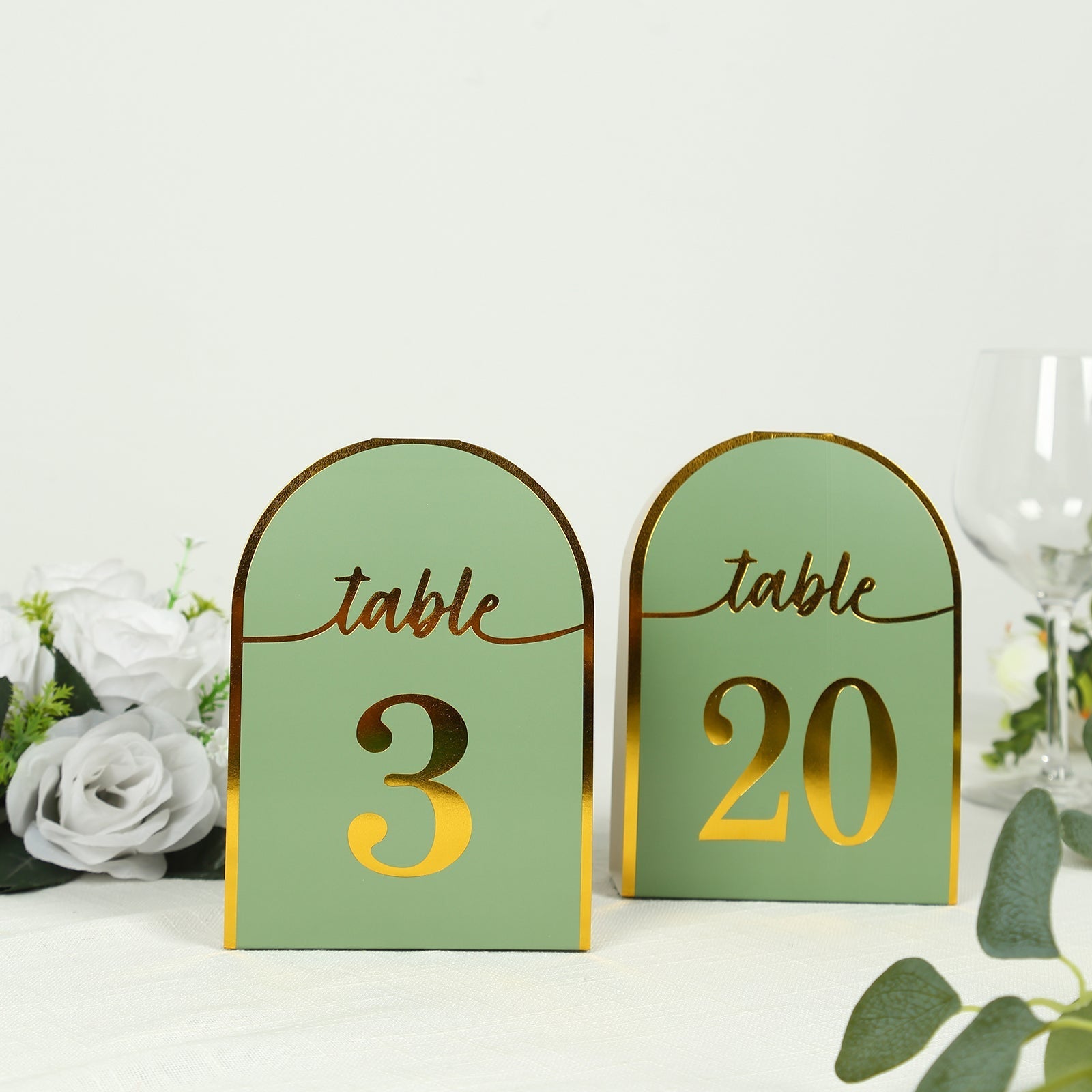 25-Pack Paper Wedding Table Numbers 1-25 Sage Green Arch Cutout Design - Sleek & Modern Free Standing Double Sided Table Tent Cards with Metallic Gold Foil Numbers 7"