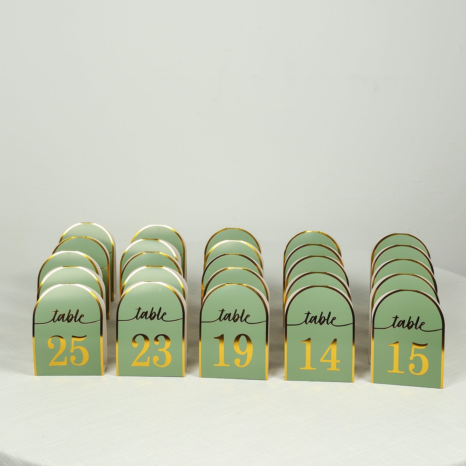 25-Pack Paper Wedding Table Numbers 1-25 Sage Green Arch Cutout Design - Sleek & Modern Free Standing Double Sided Table Tent Cards with Metallic Gold Foil Numbers 7"