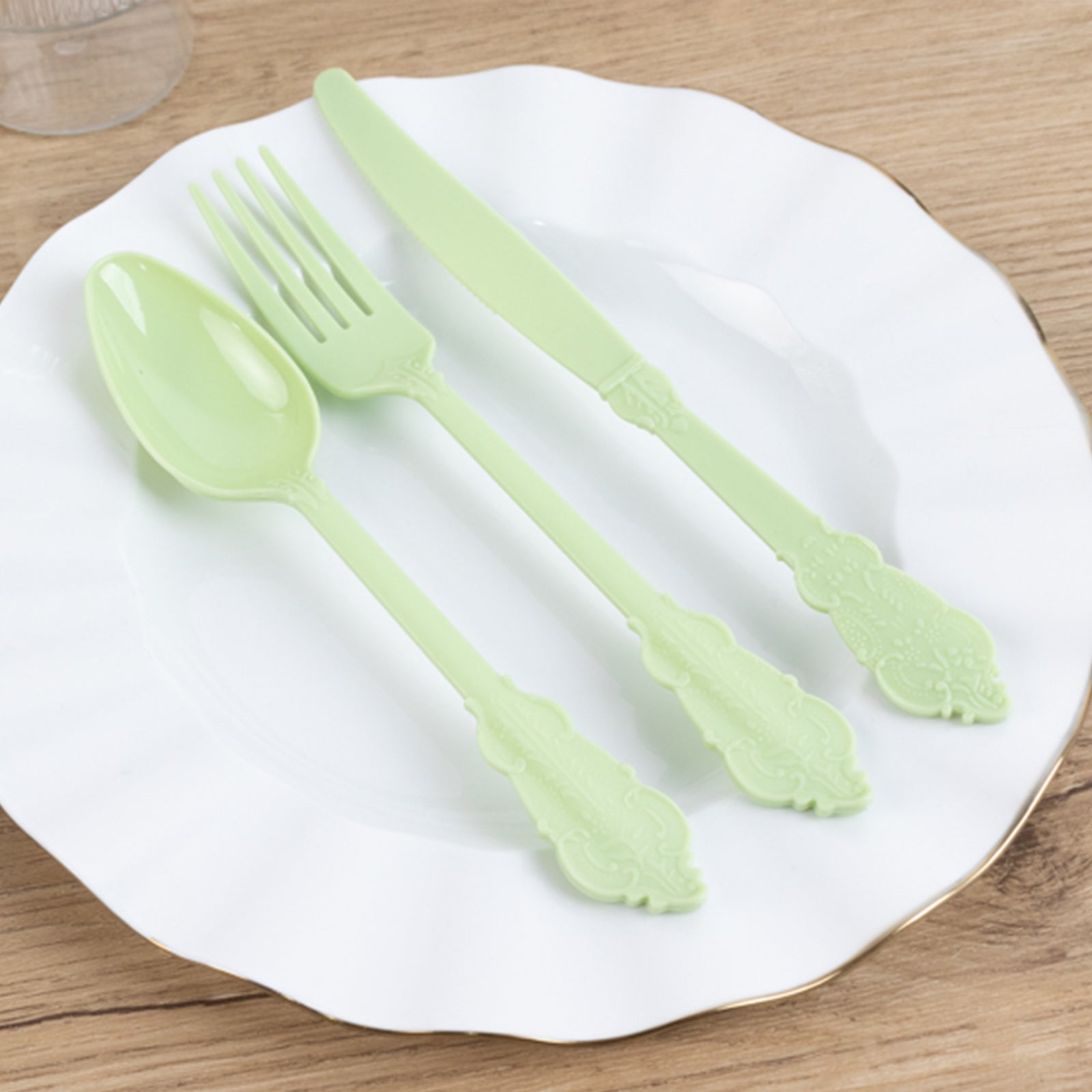 72 Pcs Plastic Silverware Set in Baroque Style Sage Green - Heavy Duty Disposable Knife, Fork, and Spoon Set