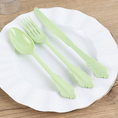 72 Pcs Plastic Silverware Set in Baroque Style Sage Green - Heavy Duty Disposable Knife, Fork, and Spoon Set