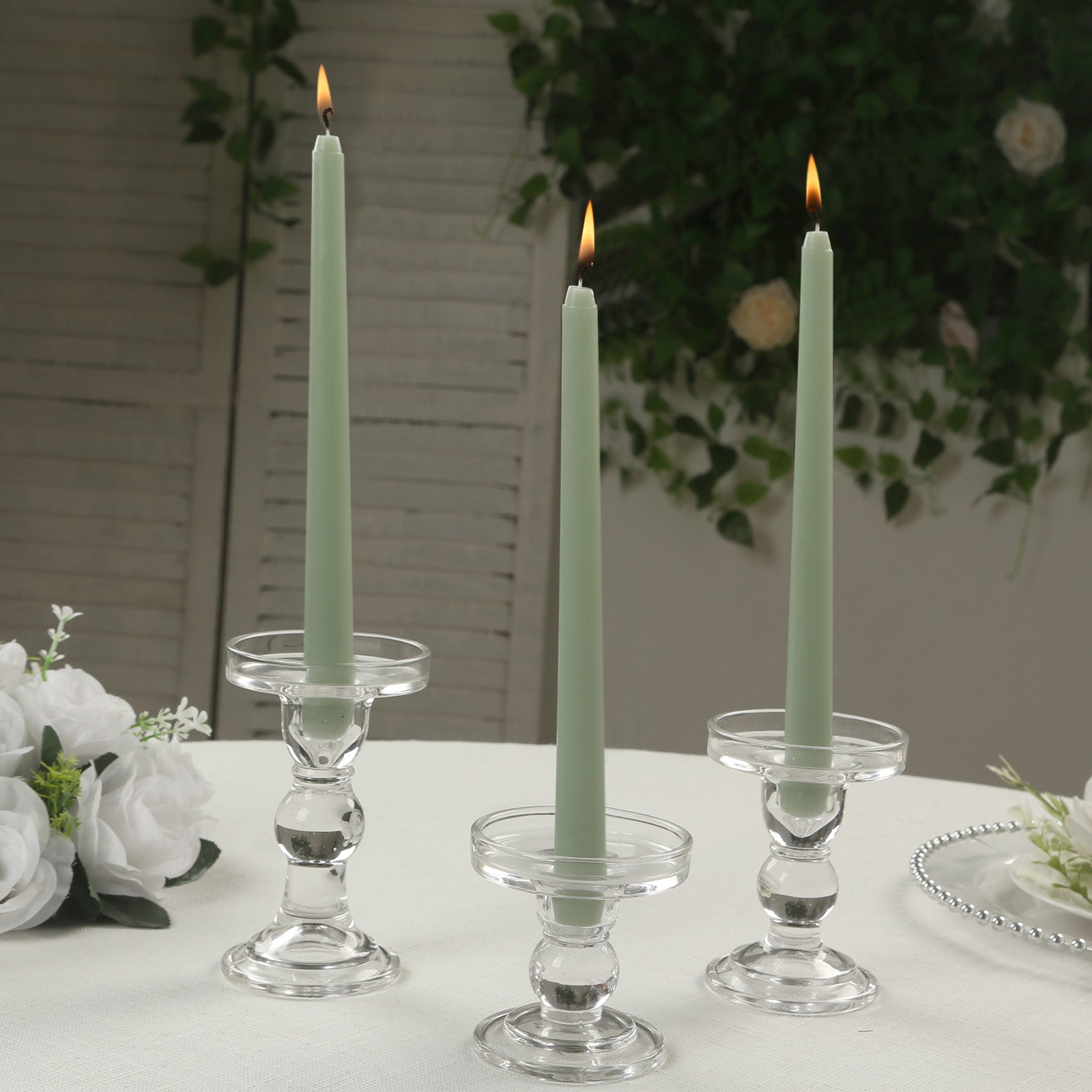 12-Pack Taper Candles Premium Wax Design Sage Green - Unscented Candles for Upscale Settings 10"