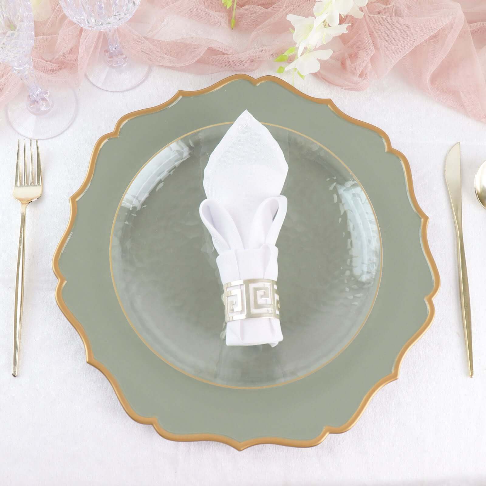 6-Pack Acrylic Round Charger Plates 13" in Dusty Sage Green with Gold Scalloped Rim, Decorative Dinner Party Plastic Charger Tableware