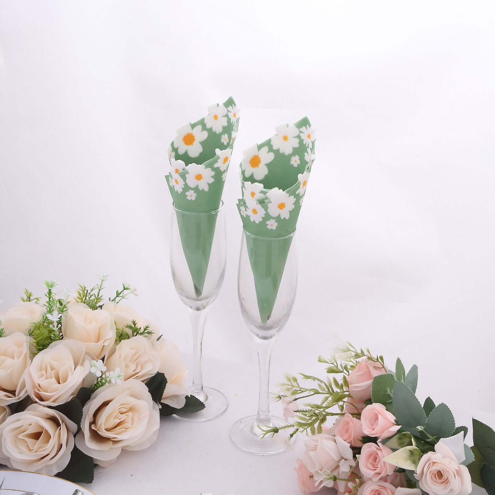50-Pack Paper Beverage Napkins with Daisy Flower Design Sage Green - 2 Ply Soft 18GSM Floral Wedding Napkins 6.5"x6.5"