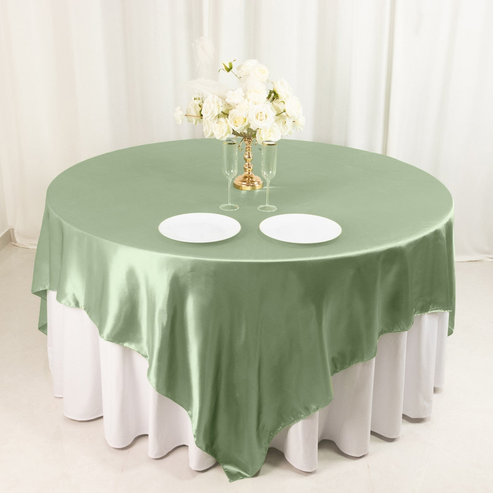 Satin 90"x90" Table Overlay Square Tablecloth Sage Green - Smooth Finish Table Topper