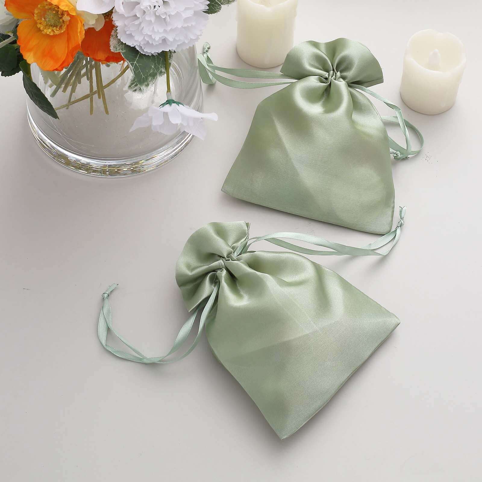 12 Pack 5"x7" Sage Green Satin Drawstring Wedding Party Favor Gift Bags, Drawstring Pouch Gift Bags