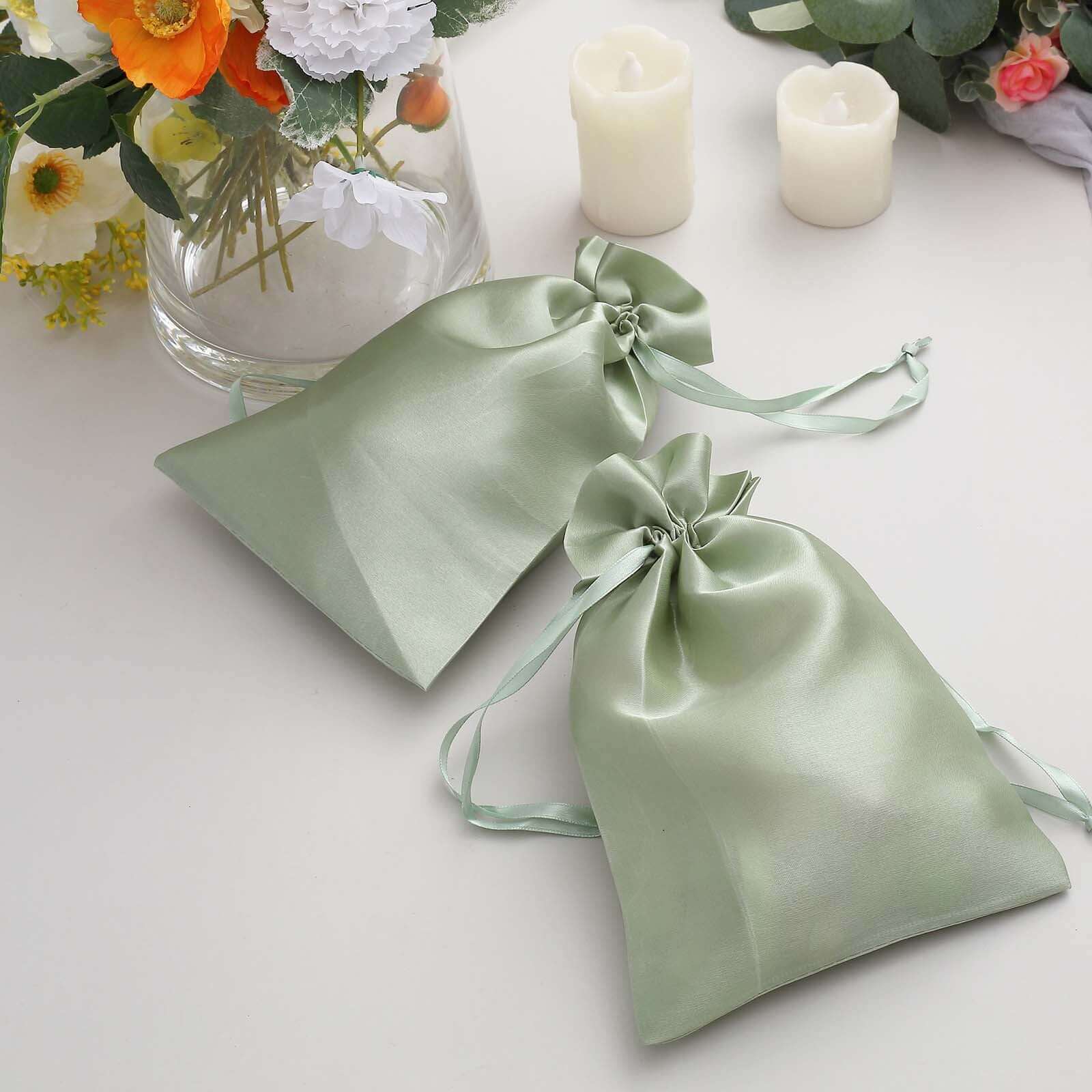 12 Pack 6"x9" Sage Green Satin Wedding Party Favor Bags, Drawstring Pouch Gift Bags