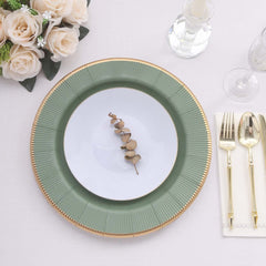 25-Pack Disposable Round Charger Plates in Sage Green Sunray Design with Gold Rim - 350GSM Heavy Duty Paper Chargers 13"