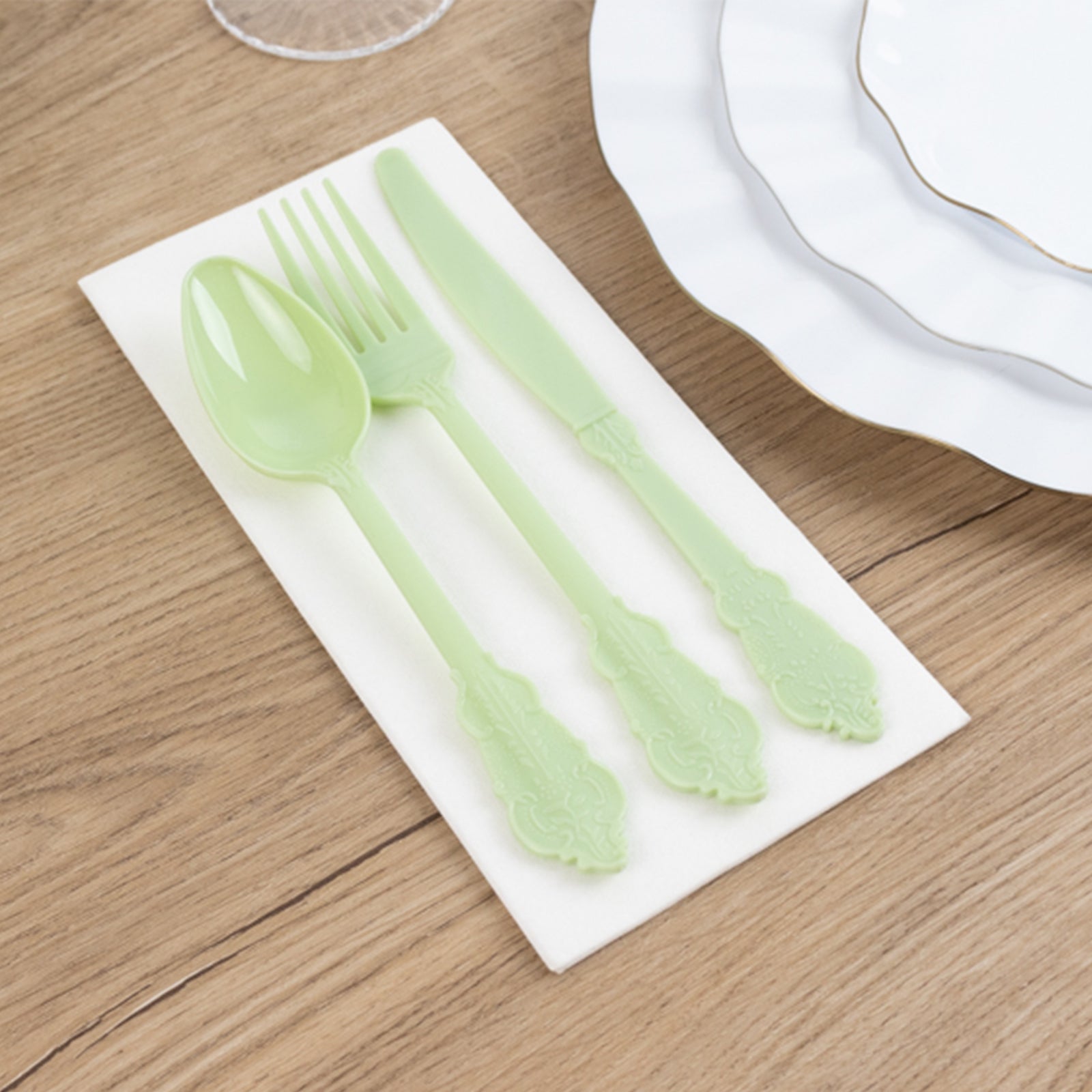 72 Pcs Plastic Silverware Set in Baroque Style Sage Green - Heavy Duty Disposable Knife, Fork, and Spoon Set