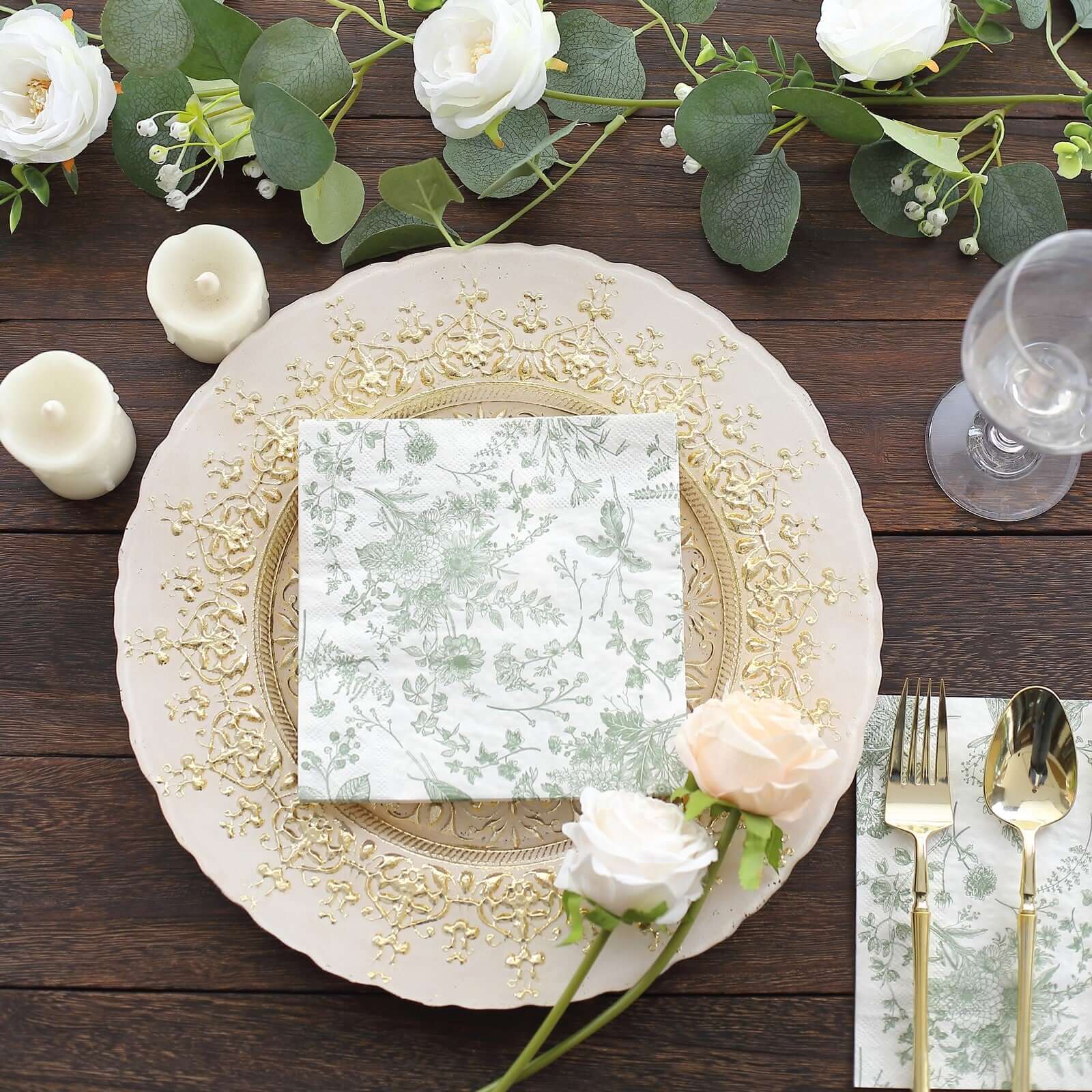 20-Pack Paper Cocktail Napkins with French Toile Print White/Sage Green - Disposable 2 Ply Beverage Napkins for Events 5"x5"