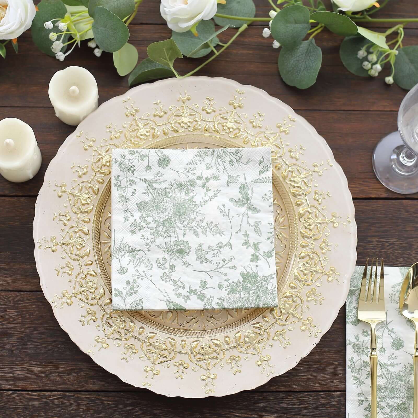 20-Pack Paper Cocktail Napkins with French Toile Print White/Sage Green - Disposable 2 Ply Beverage Napkins for Events 5"x5"