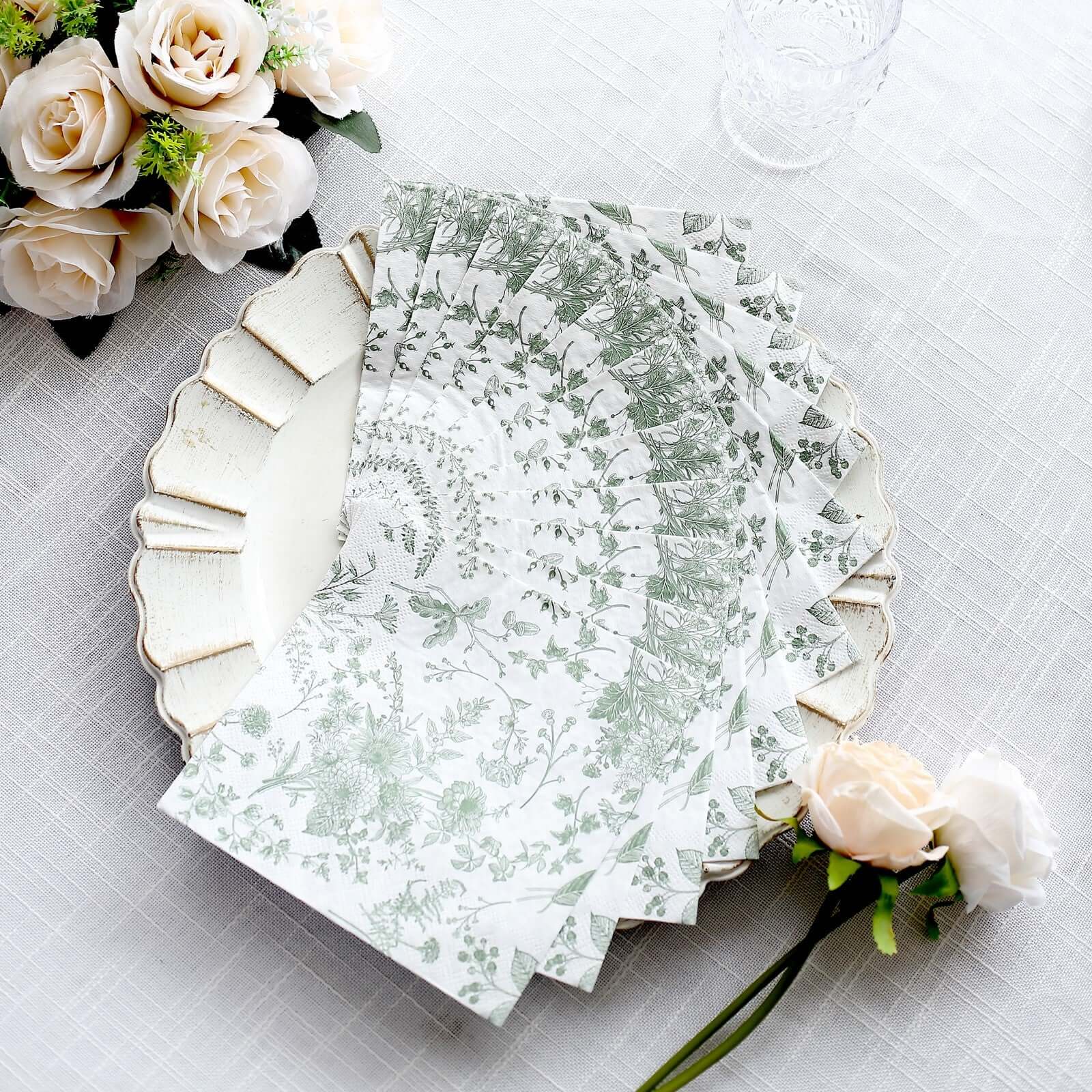 20-Pack Paper Cocktail Napkins with French Toile Print White/Sage Green - Disposable 2 Ply Beverage Napkins for Events 5"x5"