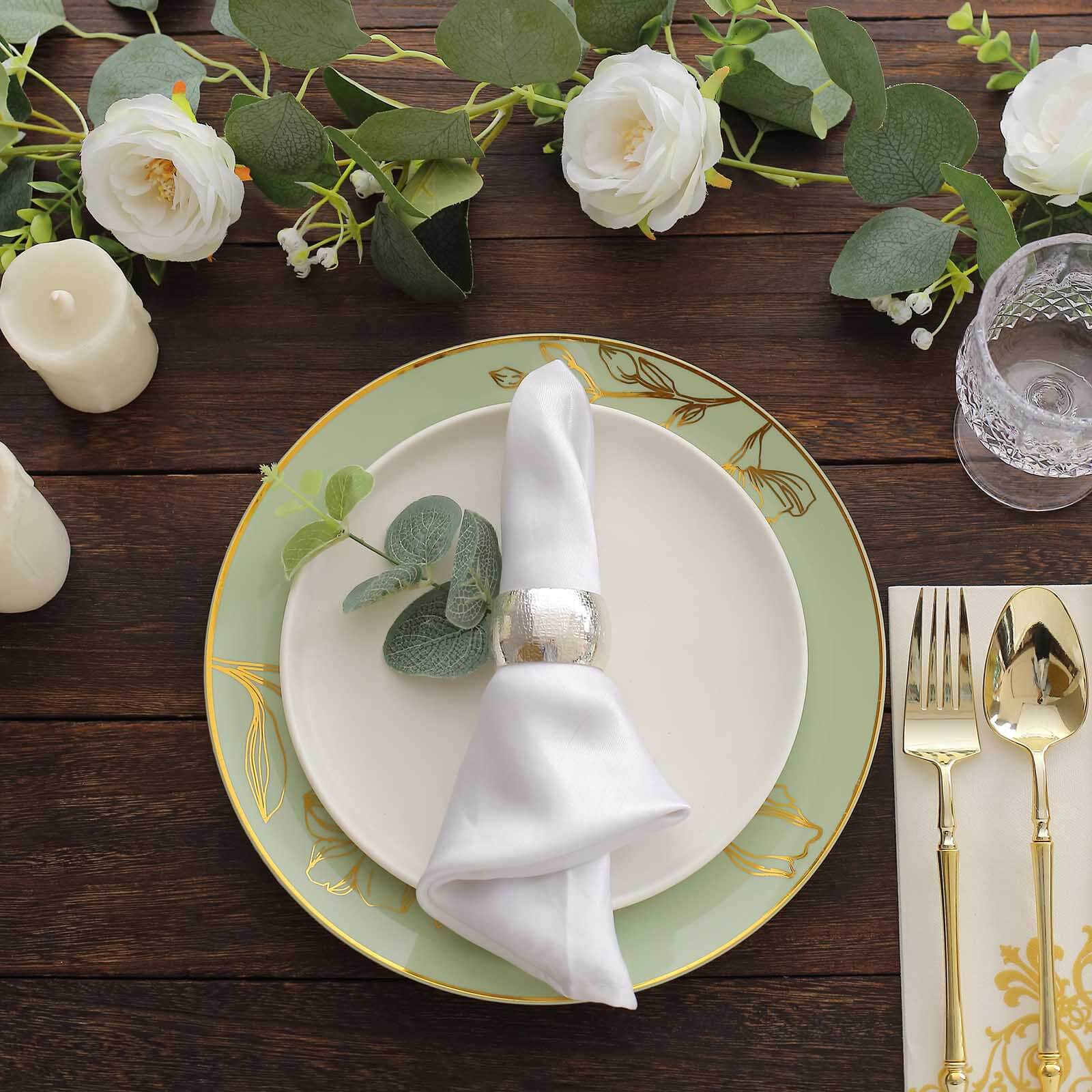 Set of 20 Plastic Round Dinner and Dessert Plates in Sage Green with Metallic Gold Floral Design - Stylish Disposable Dinnerware 8", 10"