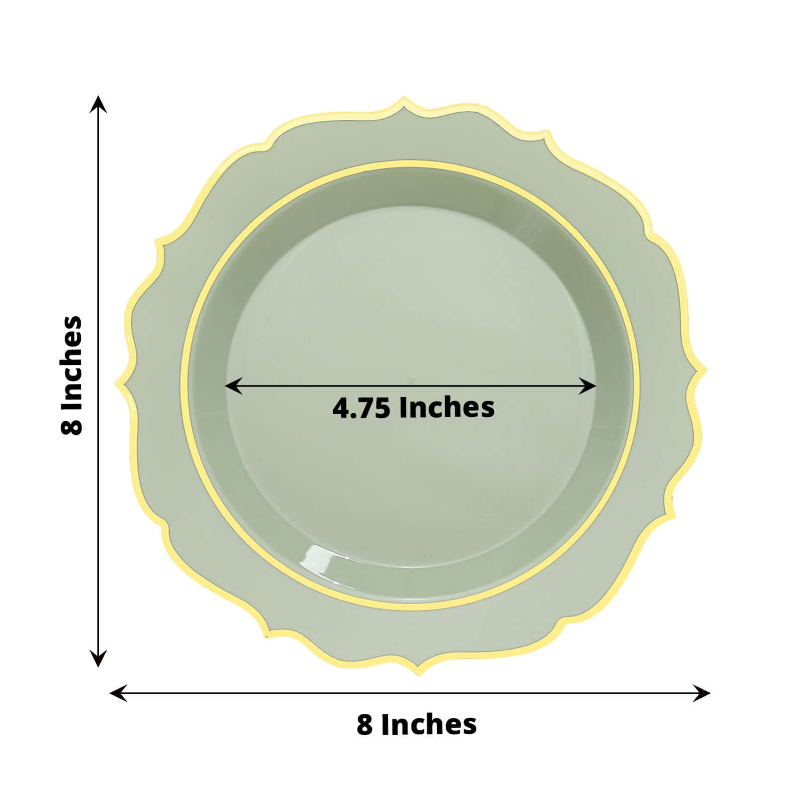 10-Pack Plastic 8" Round Desert Plates in Sage Green with Gold Scalloped Rim - Disposable Appetizer/Salad Plates