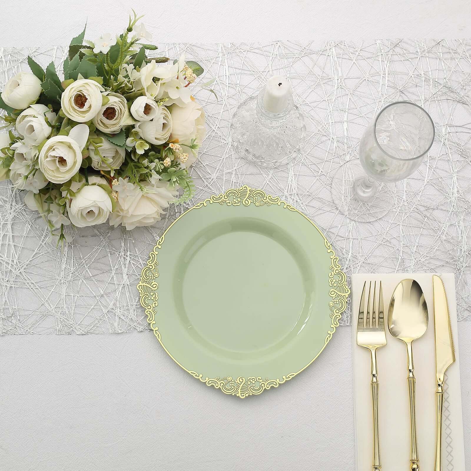 10-Pack Plastic 8" Round Dessert Plates in Sage Green with Gold Leaf Embossed Rim - Disposable Vintage Baroque Style Salad Plates