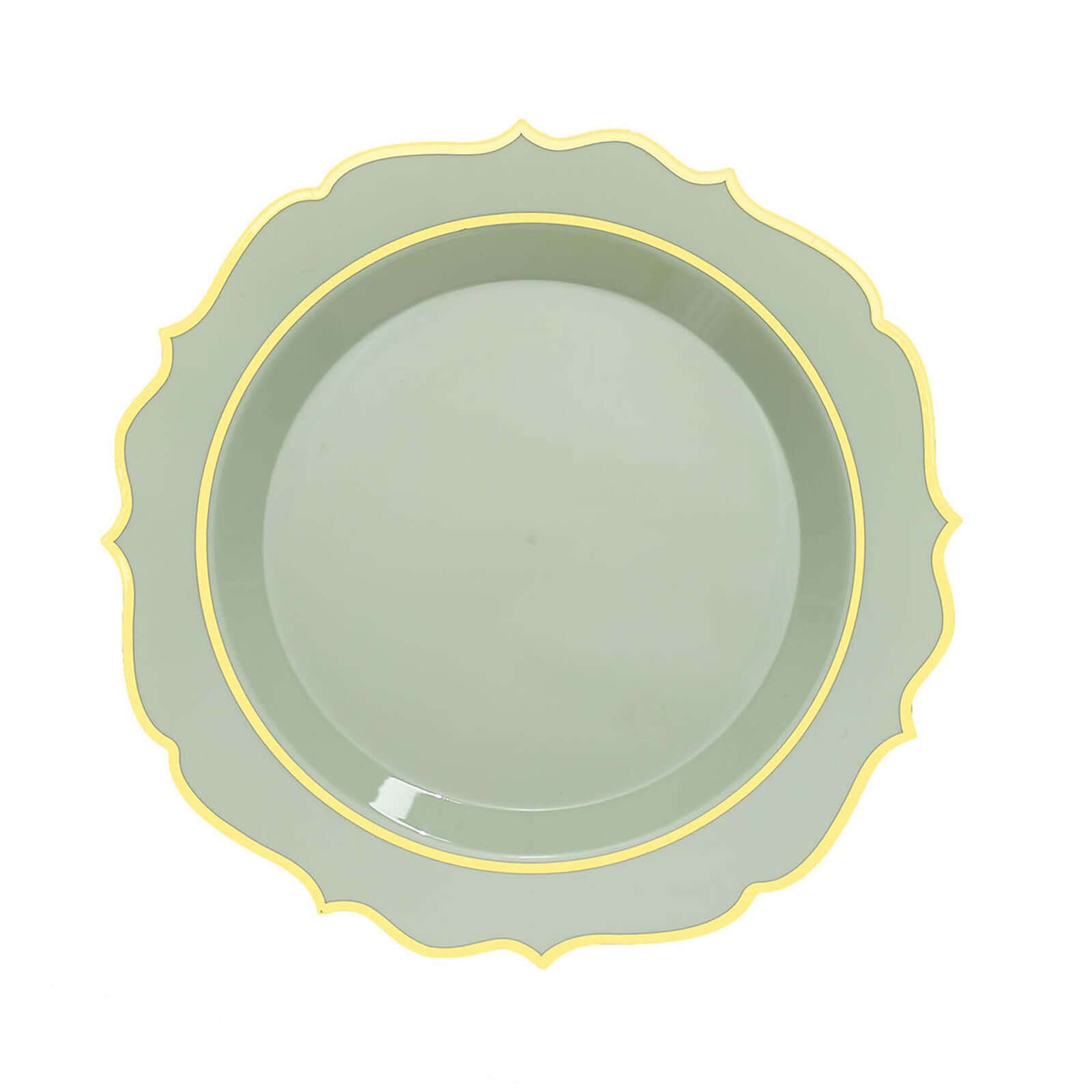 10-Pack Plastic 8" Round Desert Plates in Sage Green with Gold Scalloped Rim - Disposable Appetizer/Salad Plates