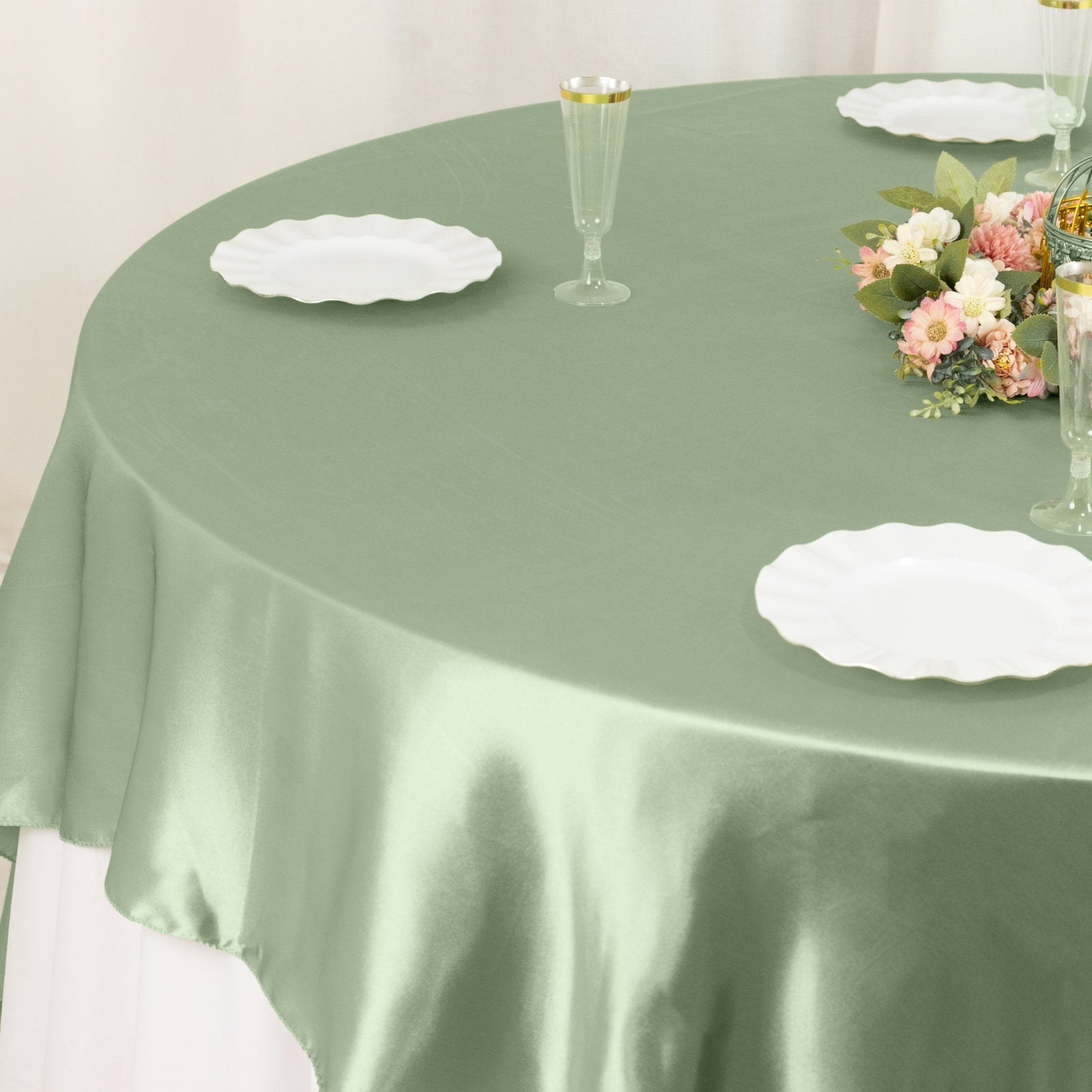 Satin 90"x90" Table Overlay Square Tablecloth Sage Green - Smooth Finish Table Topper